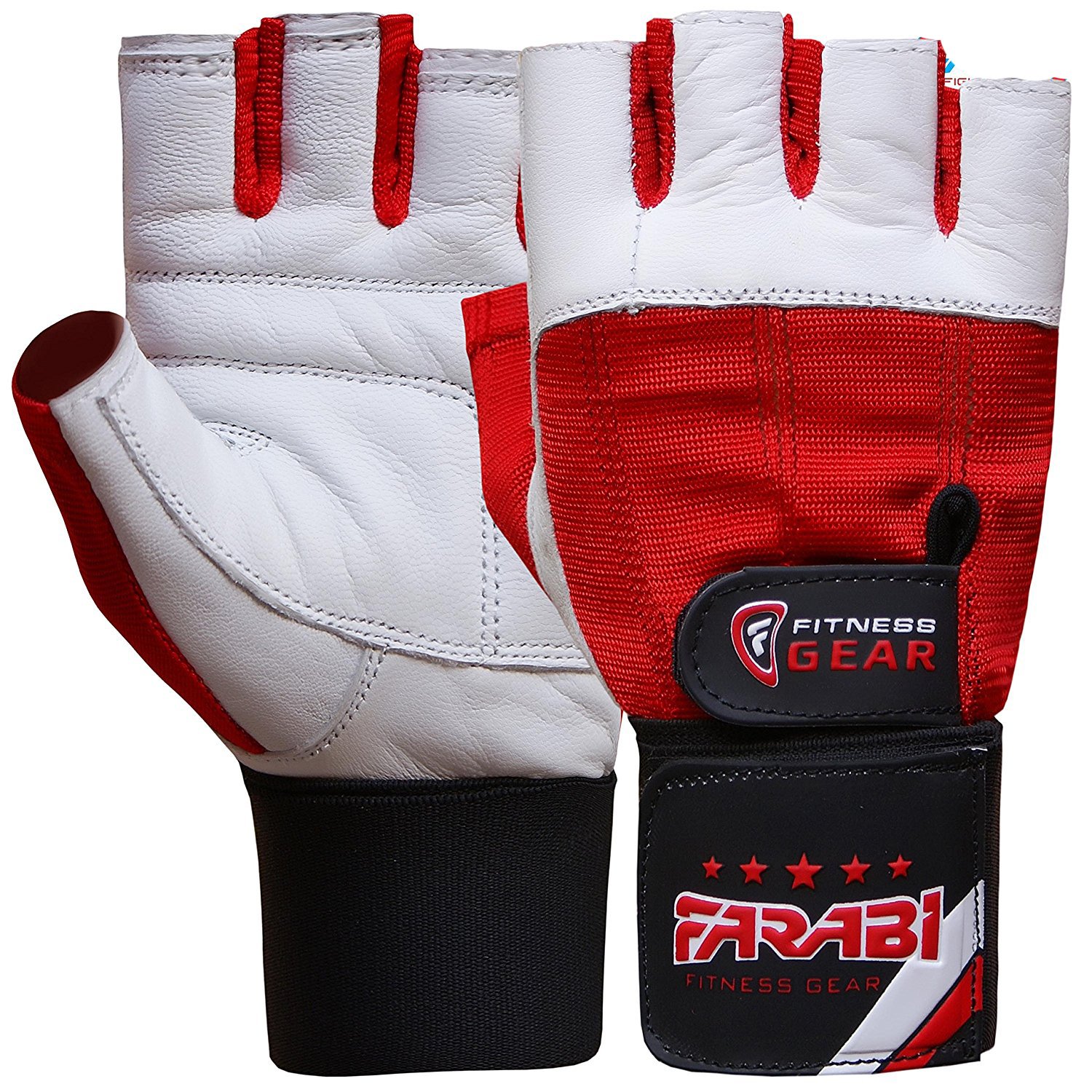 Farabi Weight Lifting Gym training Gloves Real Leather with 4 Way Stretch Mesh Spandex Hook & Loop Closure (Red, X-Large)