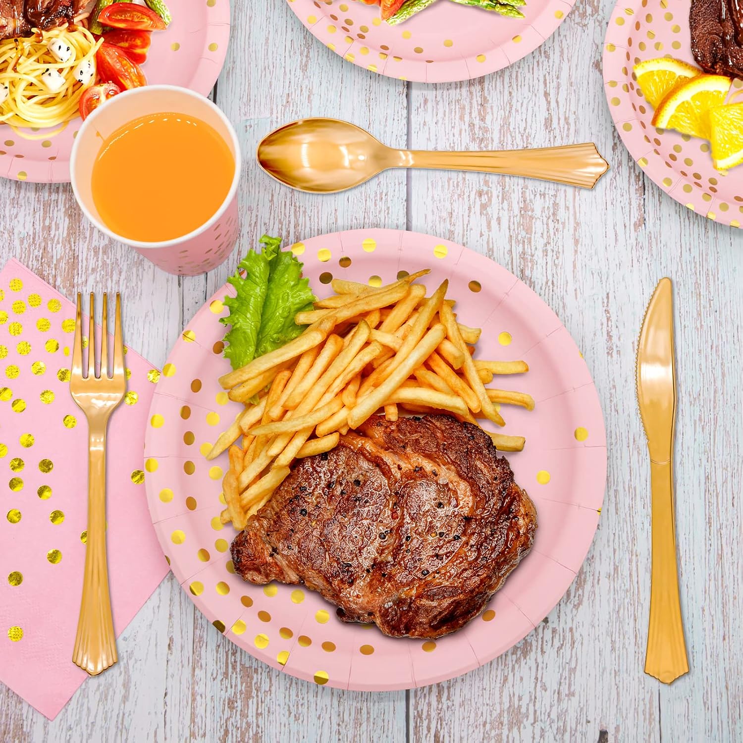 Pink and Gold Party Supplies, 350PCS Disposable Dinnerware Set with Pink Paper Plates Napkins Cups, Gold Plastic Flatware Set for Women Girls Birthday Graduation Baby Shower Engagement Wedding