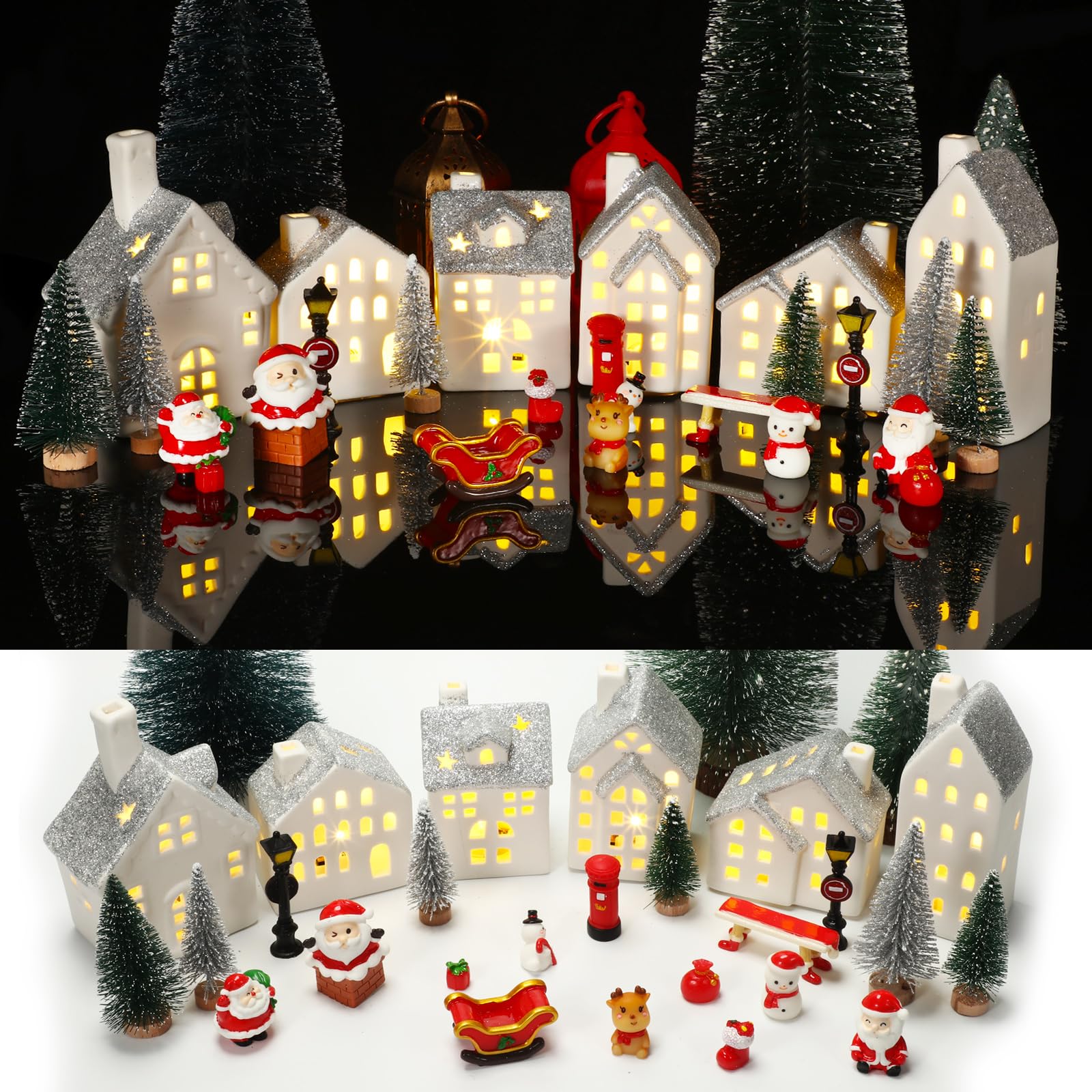 Sliner 30 Pcs Ceramic LED Lighted Christmas Village Houses Miniature Figurines Set Christmas Building with Resin Figurines Ornaments Pine Tree Elk Santa Claus for Fairy Dollhouse Decoration(Silver)
