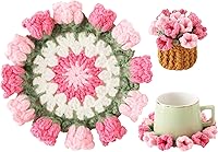VaneOak Handmade Pink Crochet Flower Bouquet Coaster with 3D Plant Pot - Soft Durable Drink Coaster for Tabletop Protection & Home Decor (1Pc)