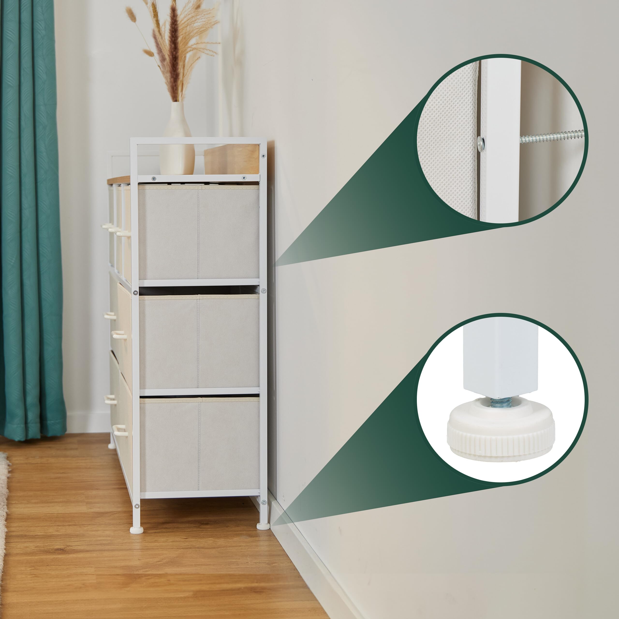 Relaxdays Cómoda 7 Cajones, 85 x 100 x 30,5 cm, Mueble Recibidor, Pasillo y Dormitorio, Cajonera Moderna, Beige y Blanco