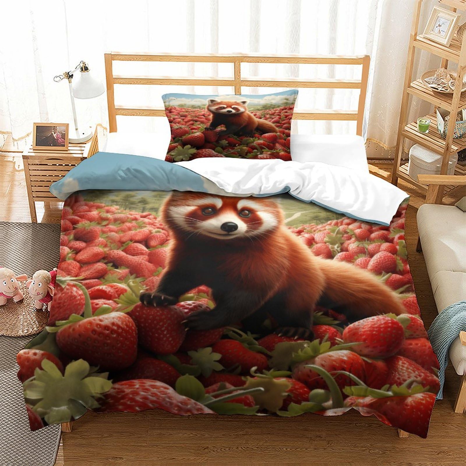 P1S9U7W5Y 3D Printed Red Panda Strawberry Duvet Cover Set 3 Pieces Microfiber Animal Bedding Set Bedroom Decor Single（135x200cm）