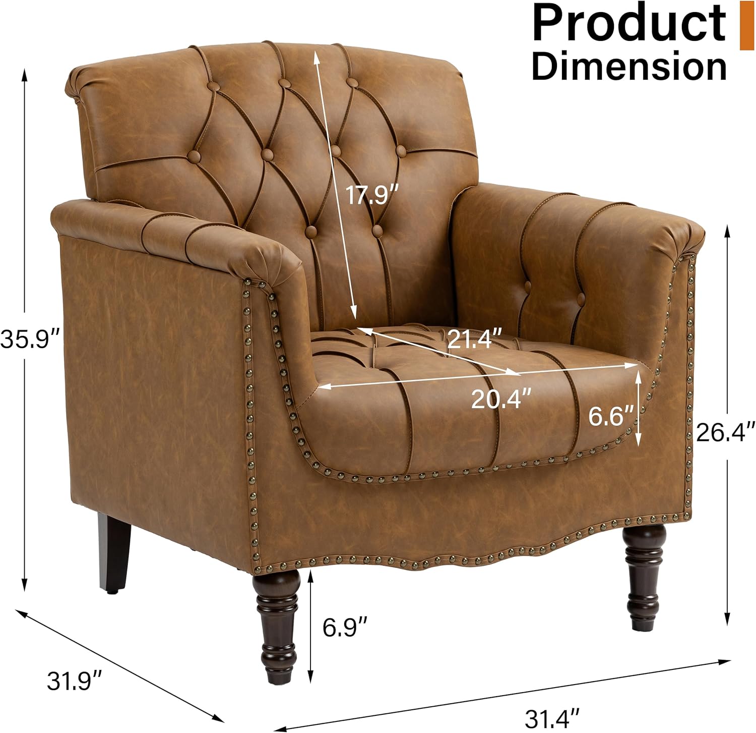 Faux Leather Club Chair, Retro Upholstered Armchair Accent Chair with Solid Wood Legs & Nailhead Trim for Living Room, Bedroom, Reading Room, Camel