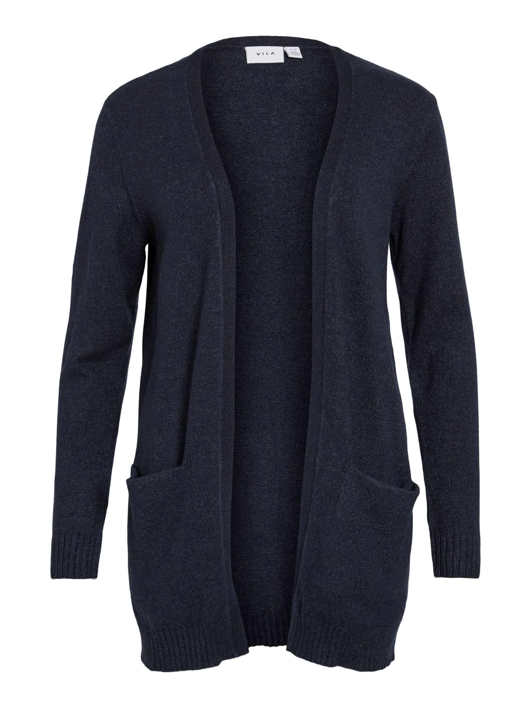 VILA Women's VIRIL Open L/S Knit Cardigan - NOOS Cardigan Sweater, Total Eclipse/Detail:Melange,