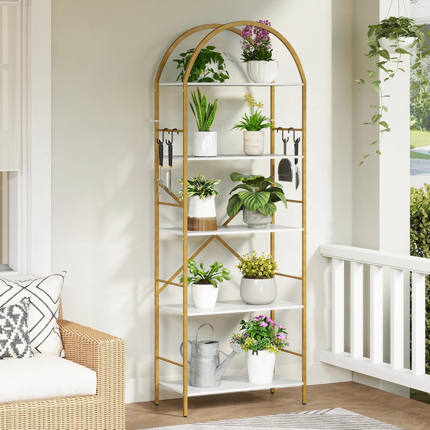 5 Tier Bookshelf Gold, 66.14 Inches Tall Arched Bookcase, Wide Storage Bookshelves with 4 Hooks, Stand Display Shelf for Living Room, Home Office, White and Gold - Image 8