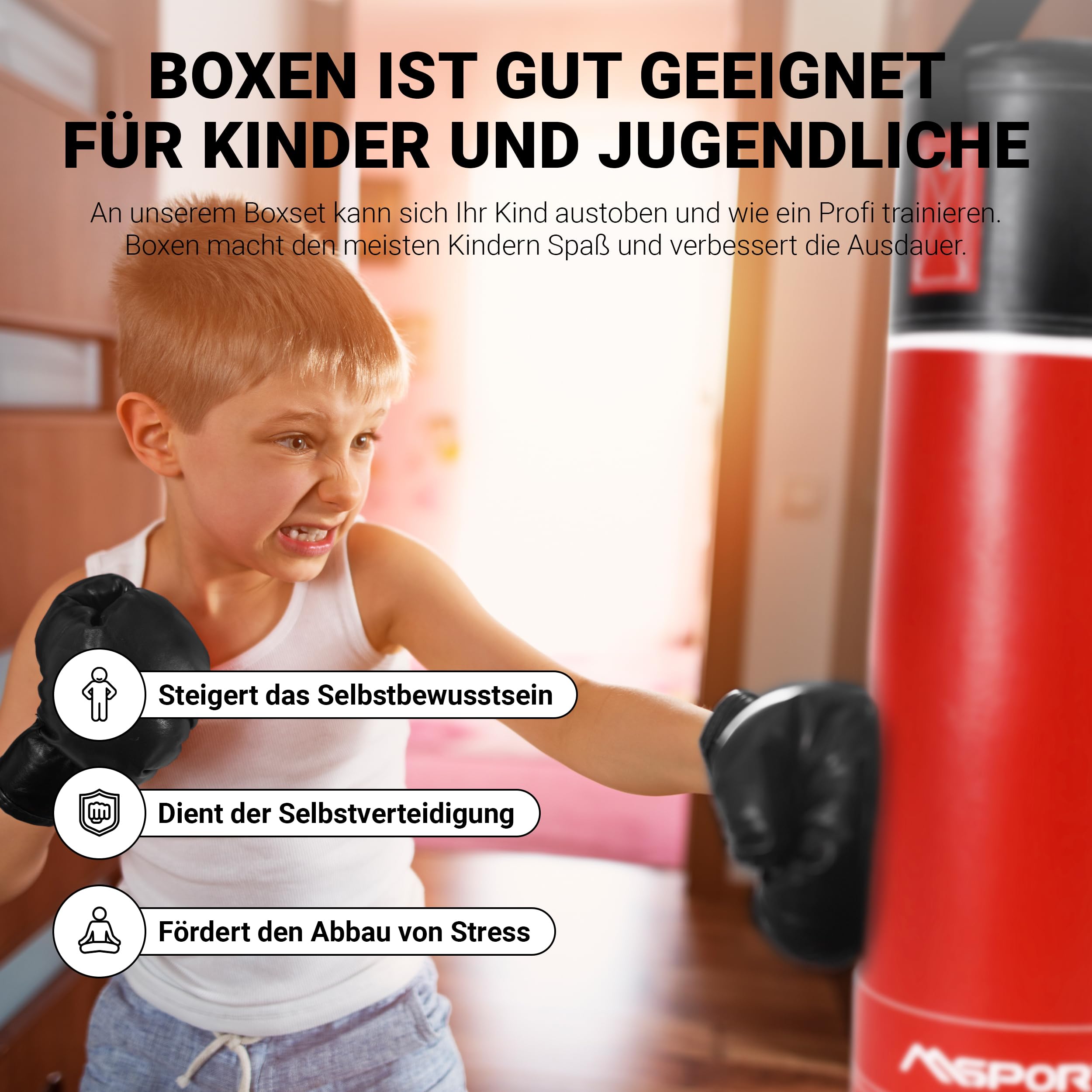 Juego de saco de boxeo profesional para niños y adolescentes, 60 x 20 cm, con guantes de boxeo, vendas y bolsa, 5,5 kg, color rojo y negro