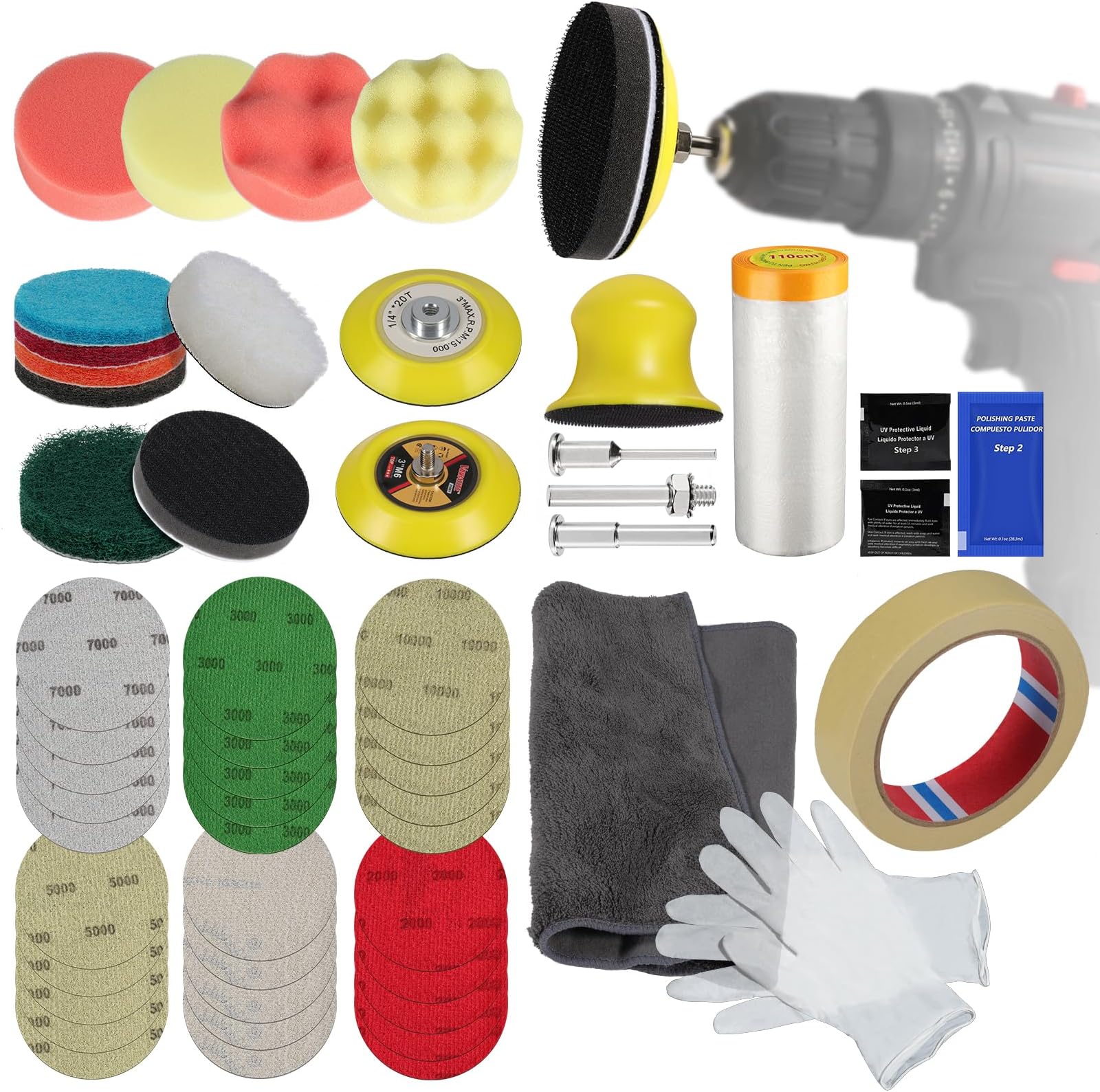 WEWINK PLUS 3 Inch 55 Pieces Headlight Restoration Kit with ¼” ⅛” Shank, Backer Pads