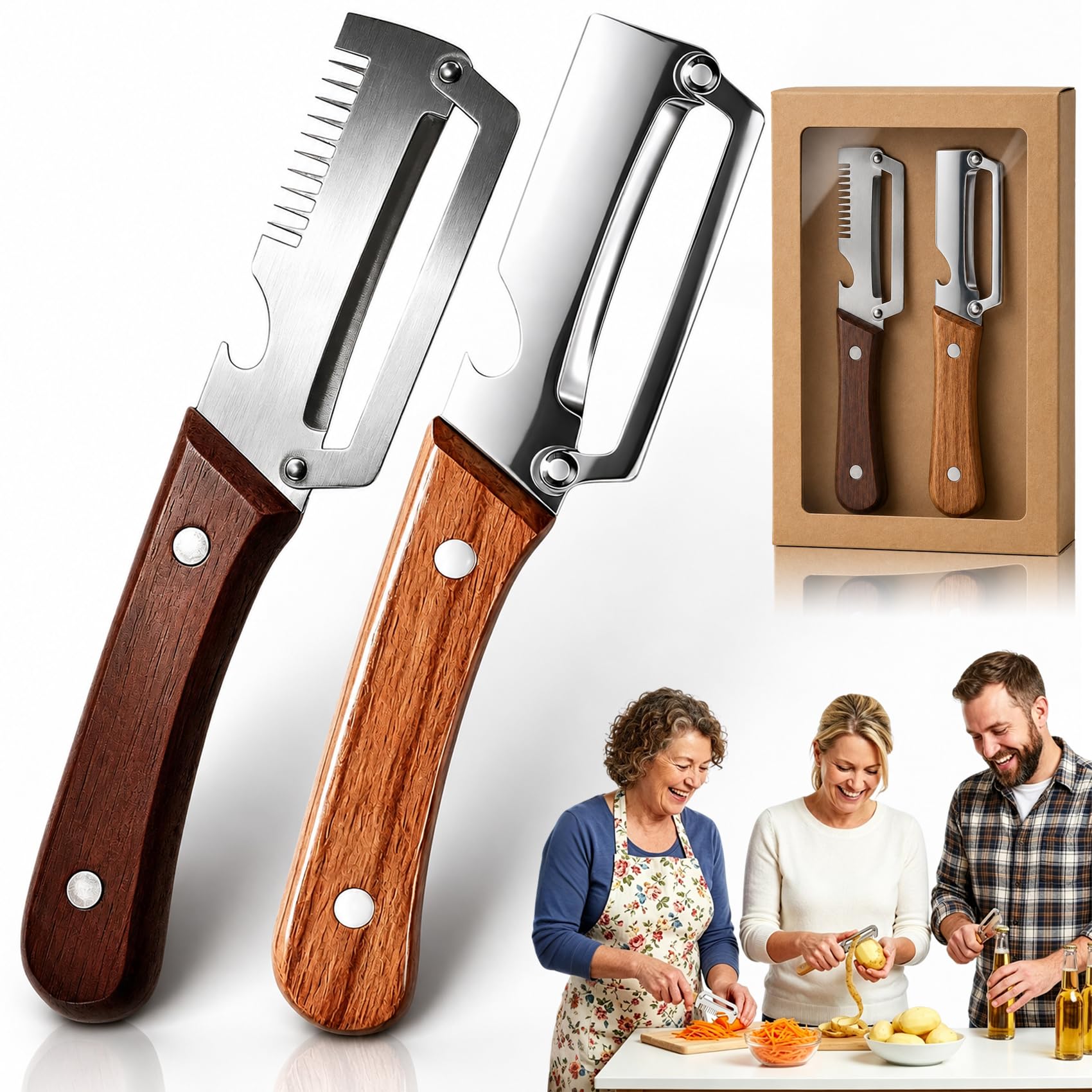 Elite Gourmet Peeler, Elite Gourmet Knives, Vegetable Peeler & Bottle Opener & Julienne Peeler with Ergonomic Non-Slip Wooden Handle for Fruit Pumpkin Peeling Potato Veggie Peeler (2 Pcs A)