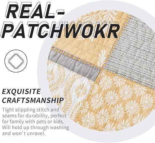Vista 5 de Y-PLWOMEN Edredón tamaño King, 100% algodón, ligero y suave, juego de colcha reversible de retazos, juego de ropa de cama floral amarillo gris
