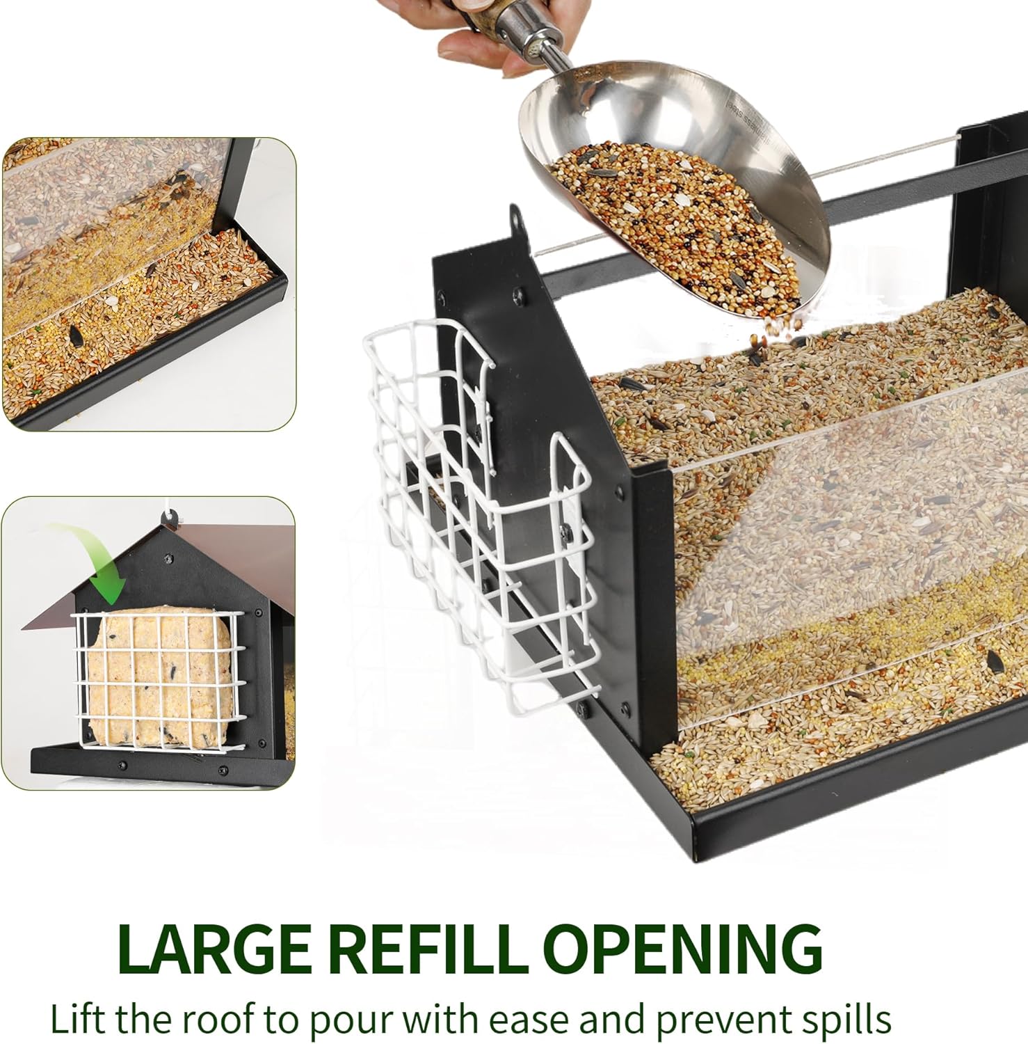 Solution4Patio Bird Feeders for Outdoors Hanging, All Metal, Double Suet Cake and Large Capacity, Hopper Tray & Weatherproof for Finch, Cardinal & Chickadee (Brown)