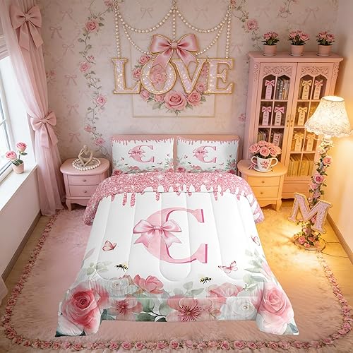 Erosebridal Pink Bow Girls Comforter Set Queen Cute Initial Letter C Bedding Set