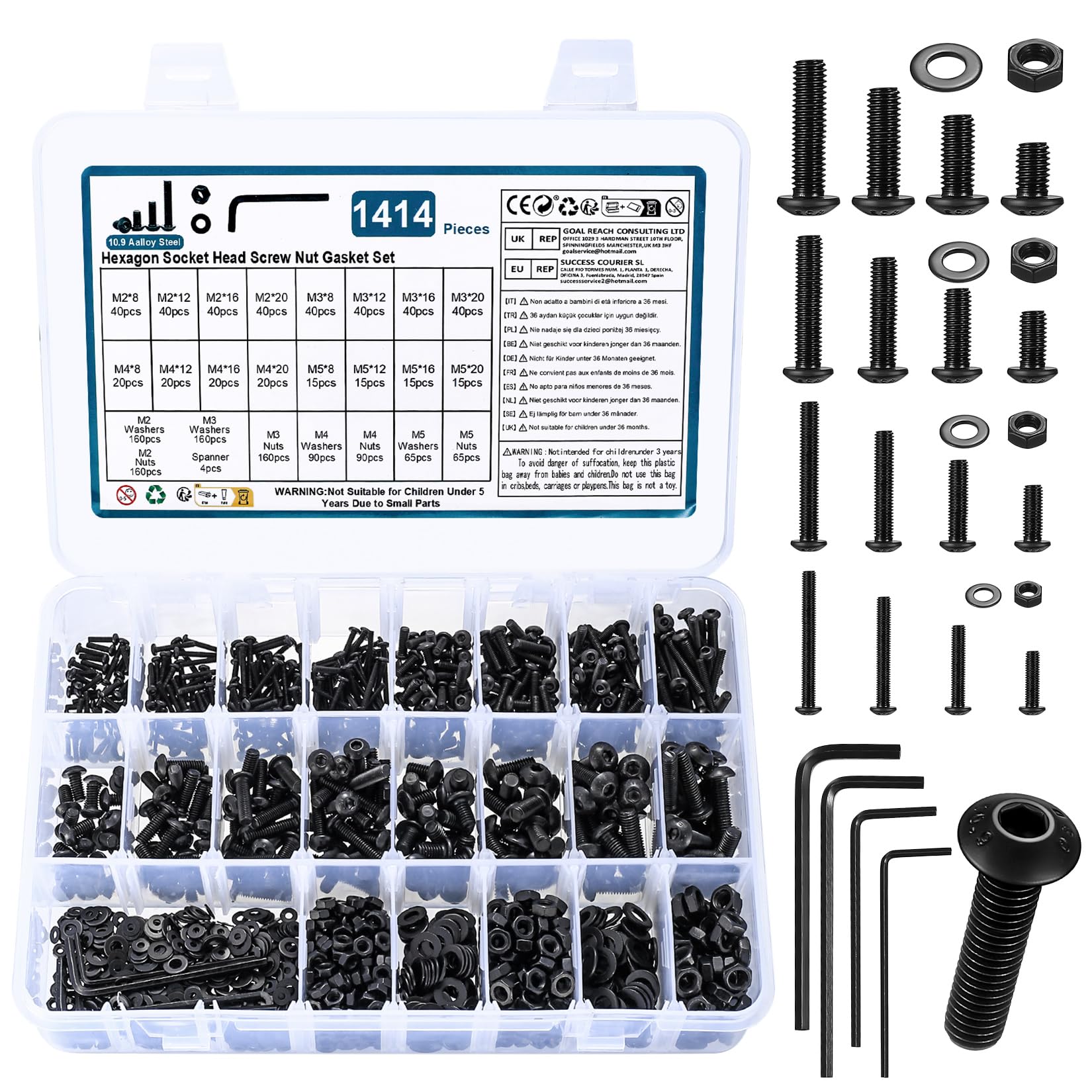 1414 Pcs M2 M3 M4 M5 Bolts and Nuts Set, Nuts and Bolts Set, Black Round Head Hexagon Socket Screws Bolts Nuts and Washers, Hex Socket Button Head Cap Screws Bolts, Machine Screws and Nuts Kit