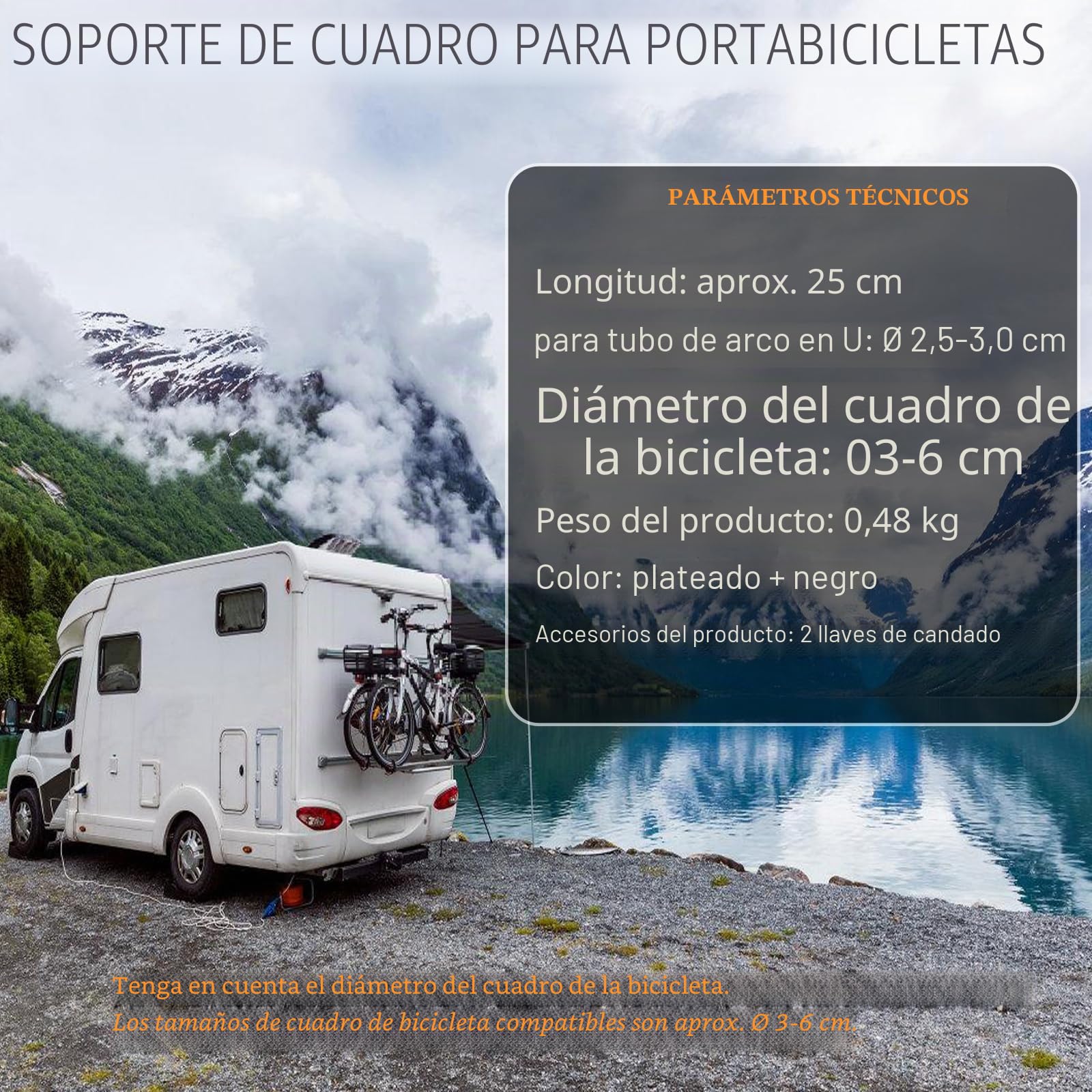 Soporte de bastidor para portabicicletas de 25 cm, universal, corto, con cierre de aluminio para tubo en U Ø 2,5-3 cm, diámetro de la bicicleta 3-6 cm