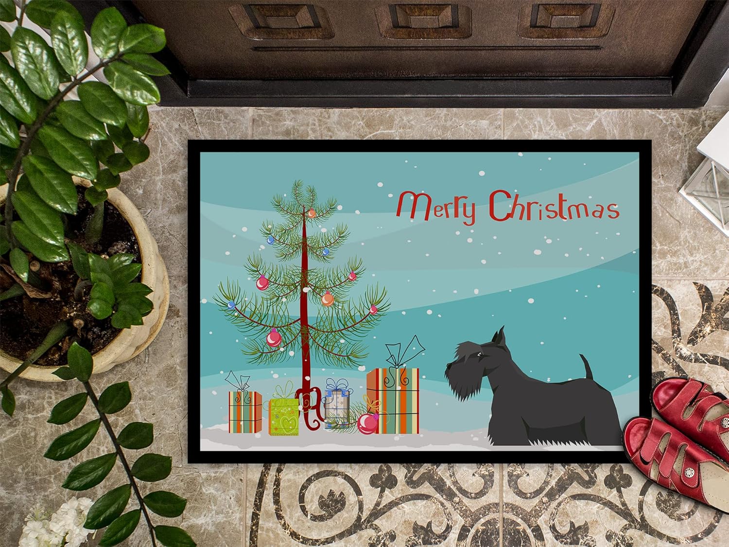 Caroline's Treasures CK3560MAT Scottish Terrier Christmas Tree Doormat 18x27 Front Door Mat Indoor Outdoor Rugs for Entryway, Non Slip Washable Low Pile, 18H X 27W