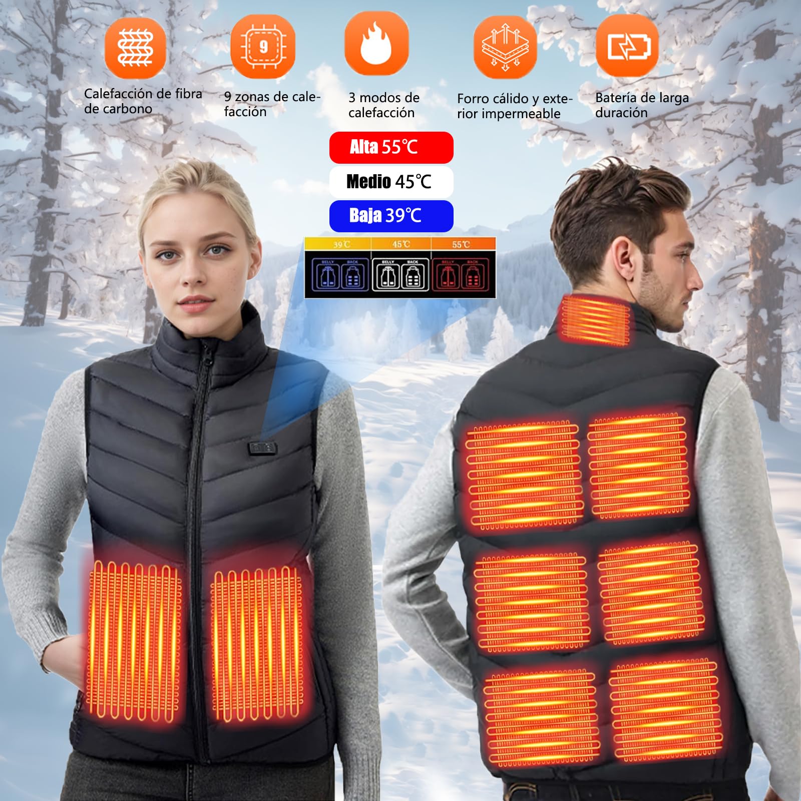 Ahigh Chaleco Calefactable hombre mujer, Chaleco Termico con Bateria, Chalecos Calefactables 9 Zonas de Calentamiento y 3 temperaturas ajustables, Chaleco calefactable para actividades al aire