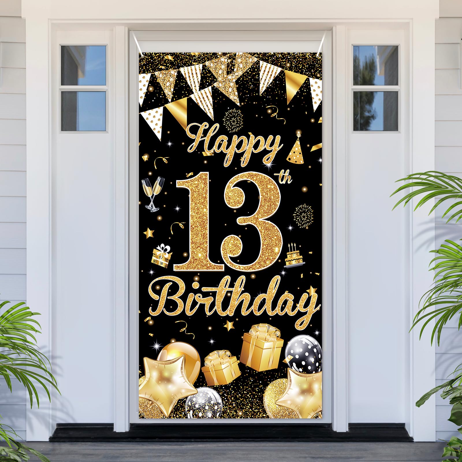 PartyYaa 13th Birthday Banner, Happy 13th Birthday Door Cover Decorations, Extra Large Black Gold Party Banner Photo Booth Decor Sign Poster for Indoor Outdoor