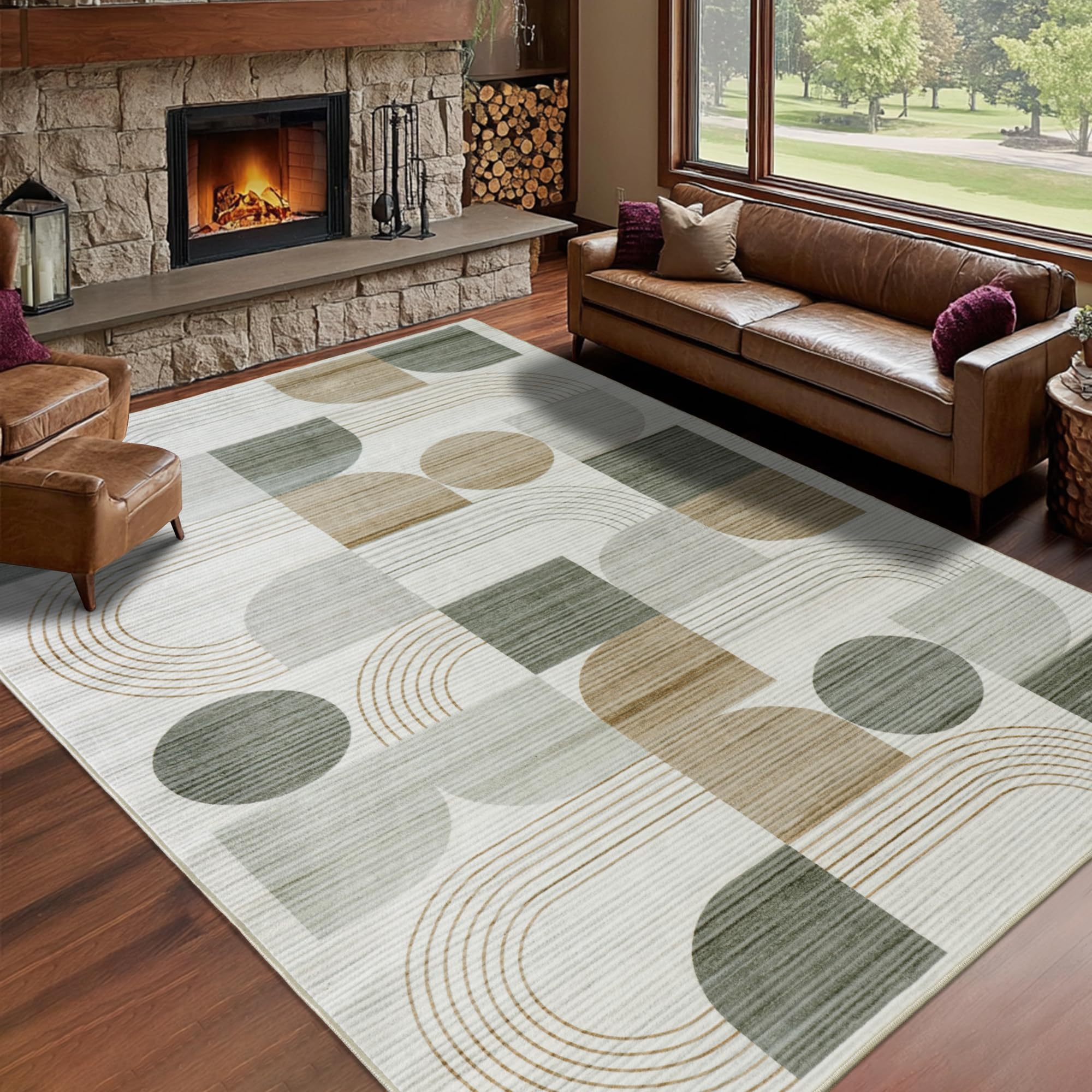 Tappeto per Soggiorno, Tappeto Moderno con Motivo Astratto per Soggiorno, Beige 200x230 cm Tappeto a Pelo Corto per Soggiorno Lavabile, Grande Tappeto in Lana per Camera da Letto, Ufficio
