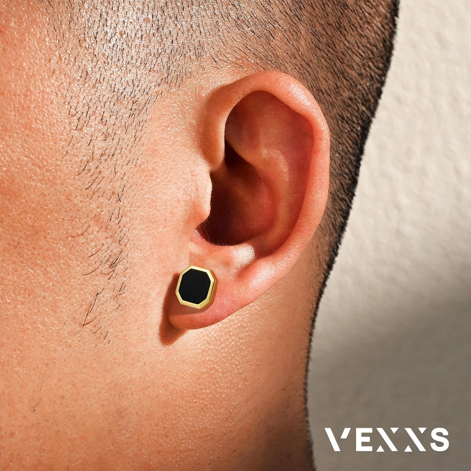 VEXXS Men’s Stud Earrings, S925 Sterling Silver Earrings, 18K Real Gold Plated Diamond Earring, Micro Pave 5A Cubic Zirconia Stones Men’s Black Earring