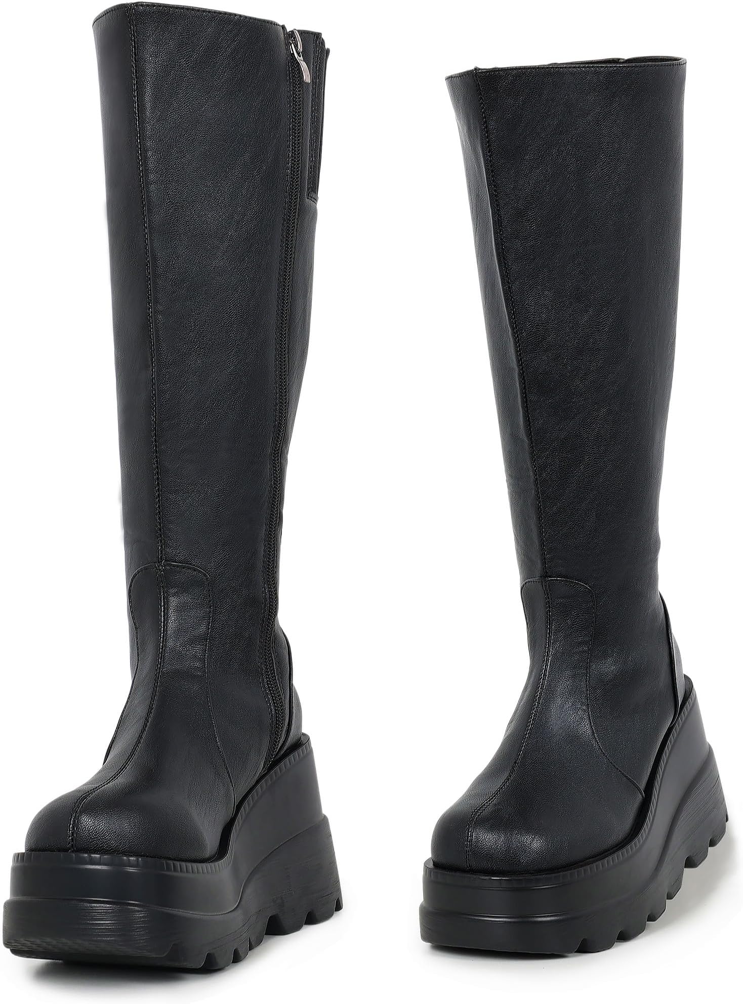 Gothniero High Platform Knee Boots Chunky Heel Wedge Black Boots For Women Combat Goth Punk Motorcycle Booties Zip up With Metal Buckles Size5-11