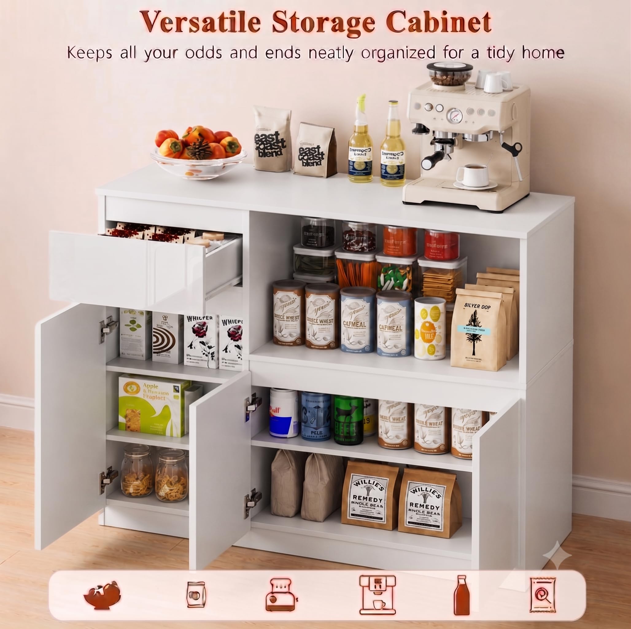 Küchenschrank mit Arbeitsplatte, Vielseitiger Großer Stauraum Sideboard, Buffetschrank, Aufbewahrungsschrank mit Hochglanztüren, verstellbarem Fach für Küche, Esszimmer und Wohnzimmer