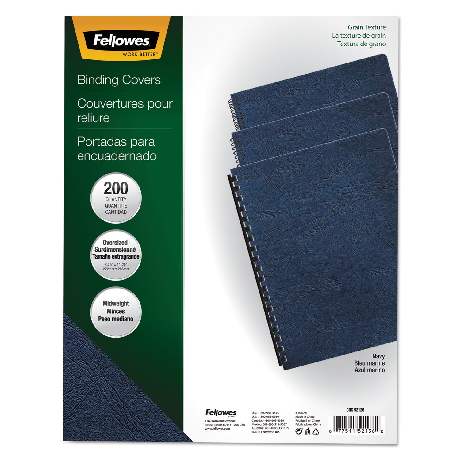 Fel52136 – Fellowes Grain couvertures de présentation – Oversize, Bleu marine, Lot de 200