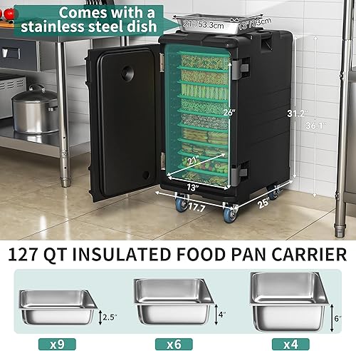 Miniatura 2 de YITAHOME Transportador de alimentos aislado, caja caliente LLDPE de 127 cuartos de galón para catering con sartén de acero inoxidable, calentador de