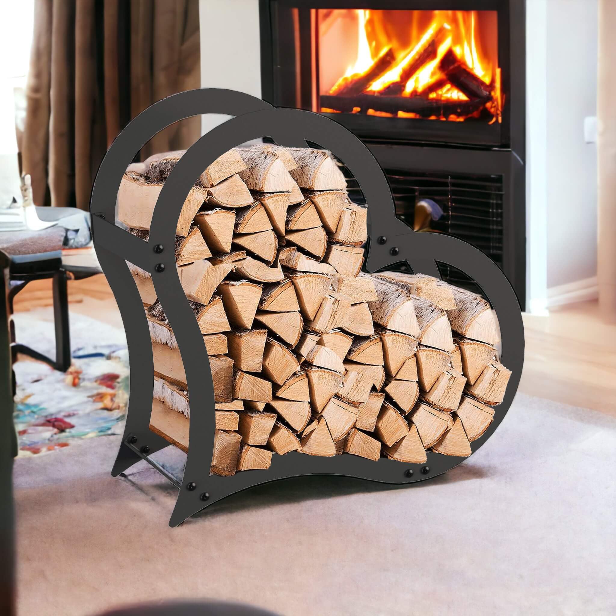 DanDiBo Kaminholzregal Innen Metall Schwarz Stehend Herz 52 cm Kaminholzständer 96469 Kaminholzhalter Brennholzregal Feuerholzregal