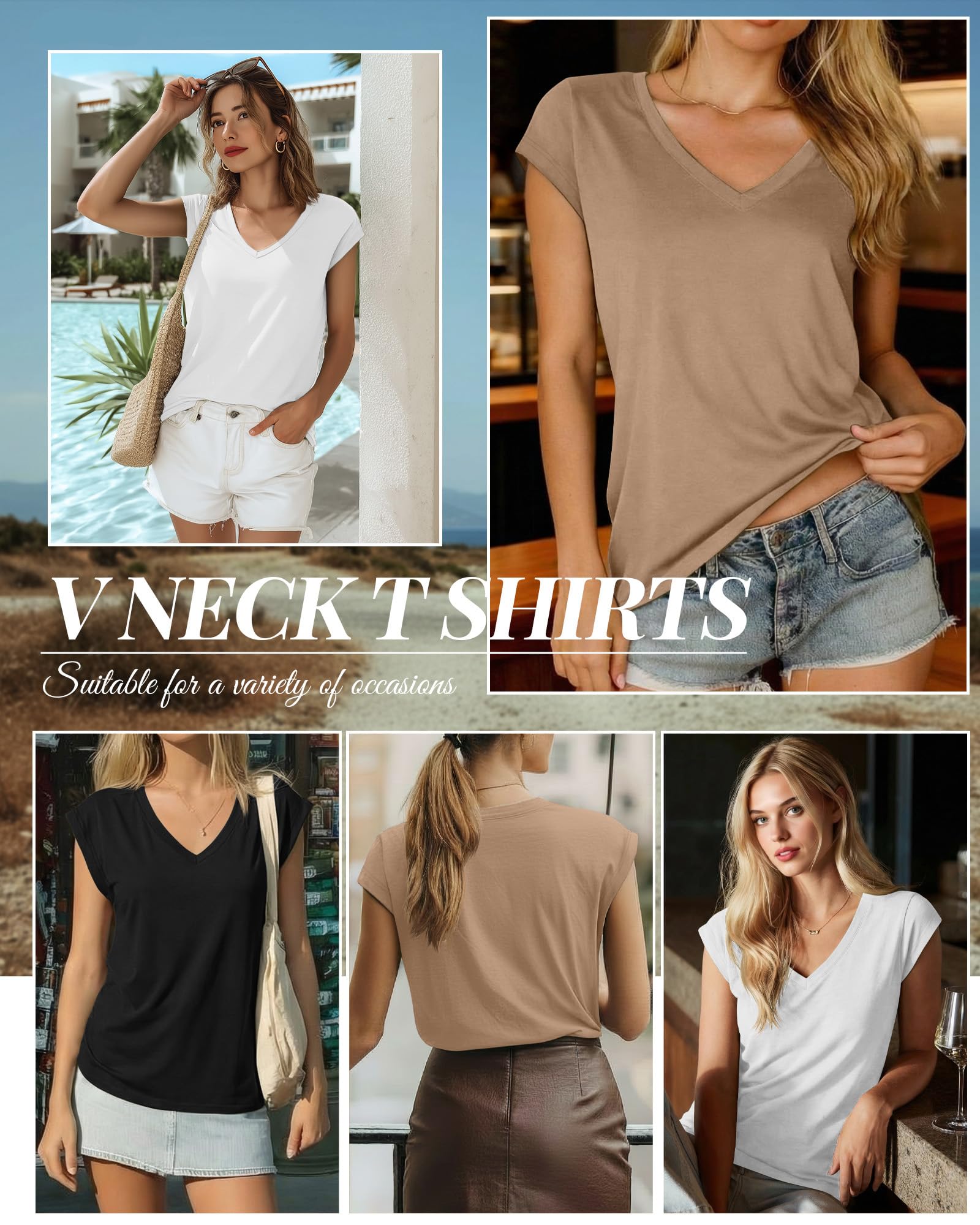 Geyoga Lot de 3 T-Shirts Basiques pour Femme – Col en V, Manches Courtes ou Mancherons – Hauts d'été décontractés