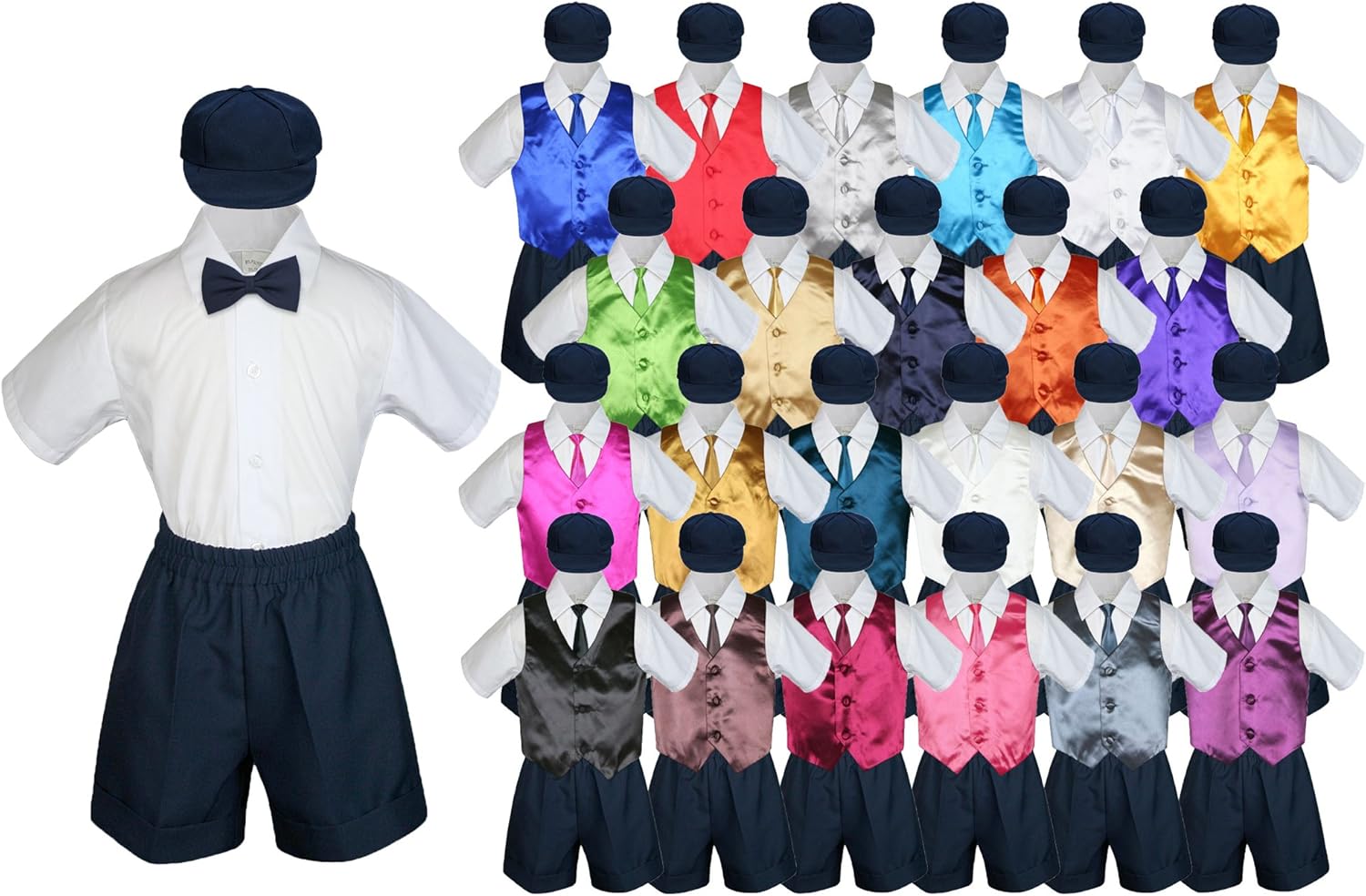 Baby Toddler Boy Event Party Suit Navy Shorts Shirt Hat Necktie Vest Set Sm-4T