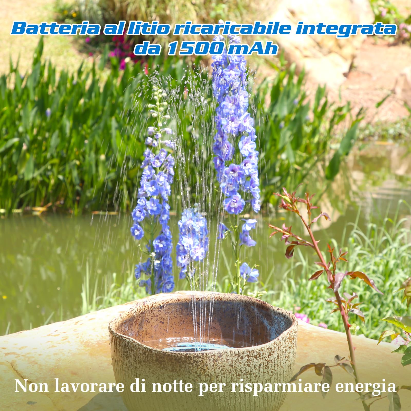 AISITIN Fontanasolare per uccelli da 3,5 W, batteria integrata da 1800 mAh, pompa ad energia solare con 8 ugelli