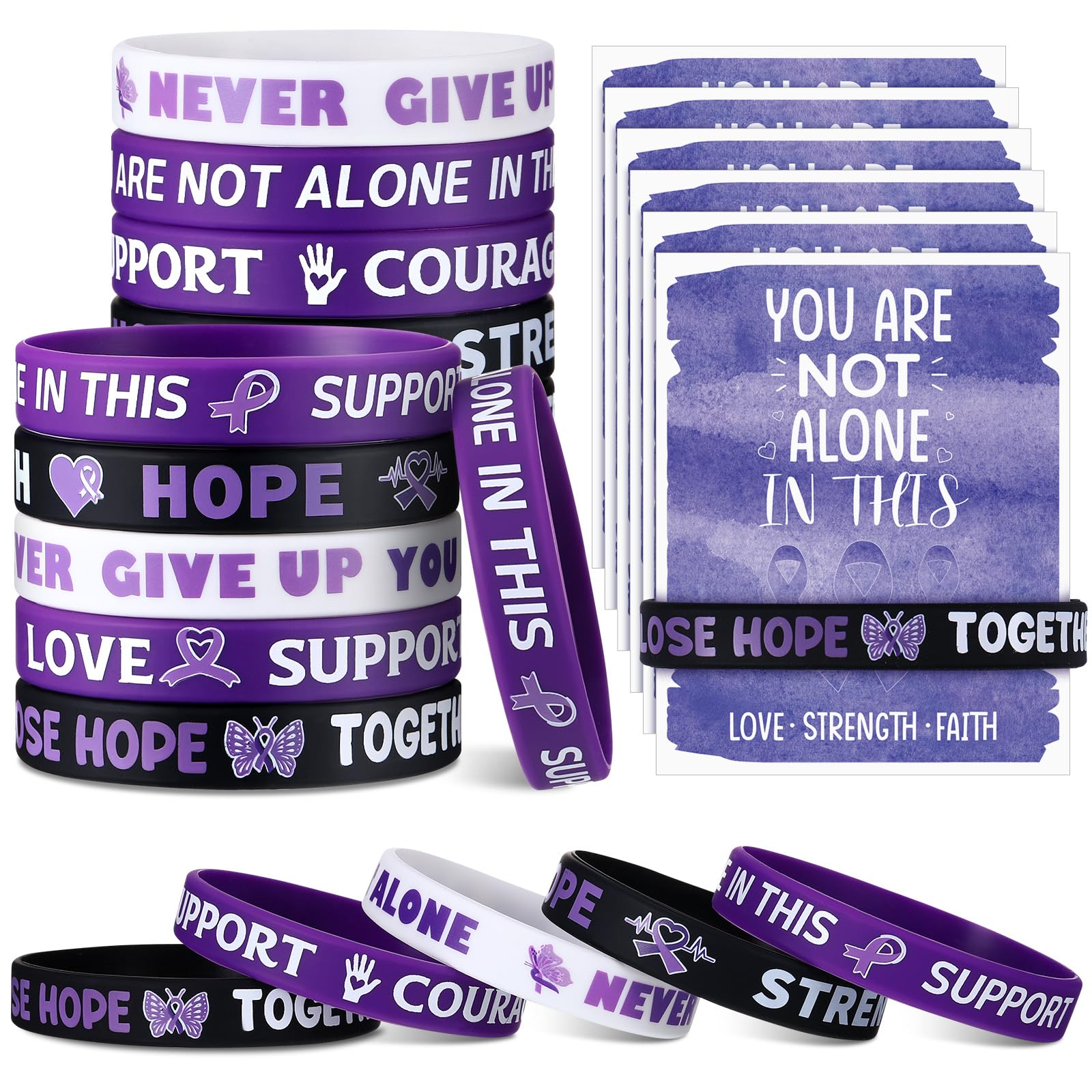 Humyoun 30 Sets/ 60 Pcs Purple Ribbon Awareness Silicone Wristbands with Cards Alzheimer's Awareness Items Domestic Violence Accessories Bulk Hope