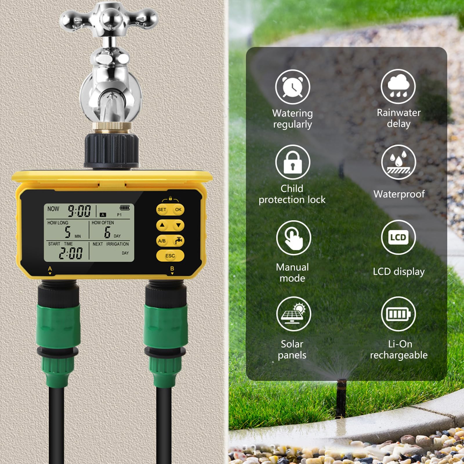 Timer automatico ad energia solare con doppie valvole Timer digitale dell'acqua per irrigatore da giardino e irrigazione a goccia