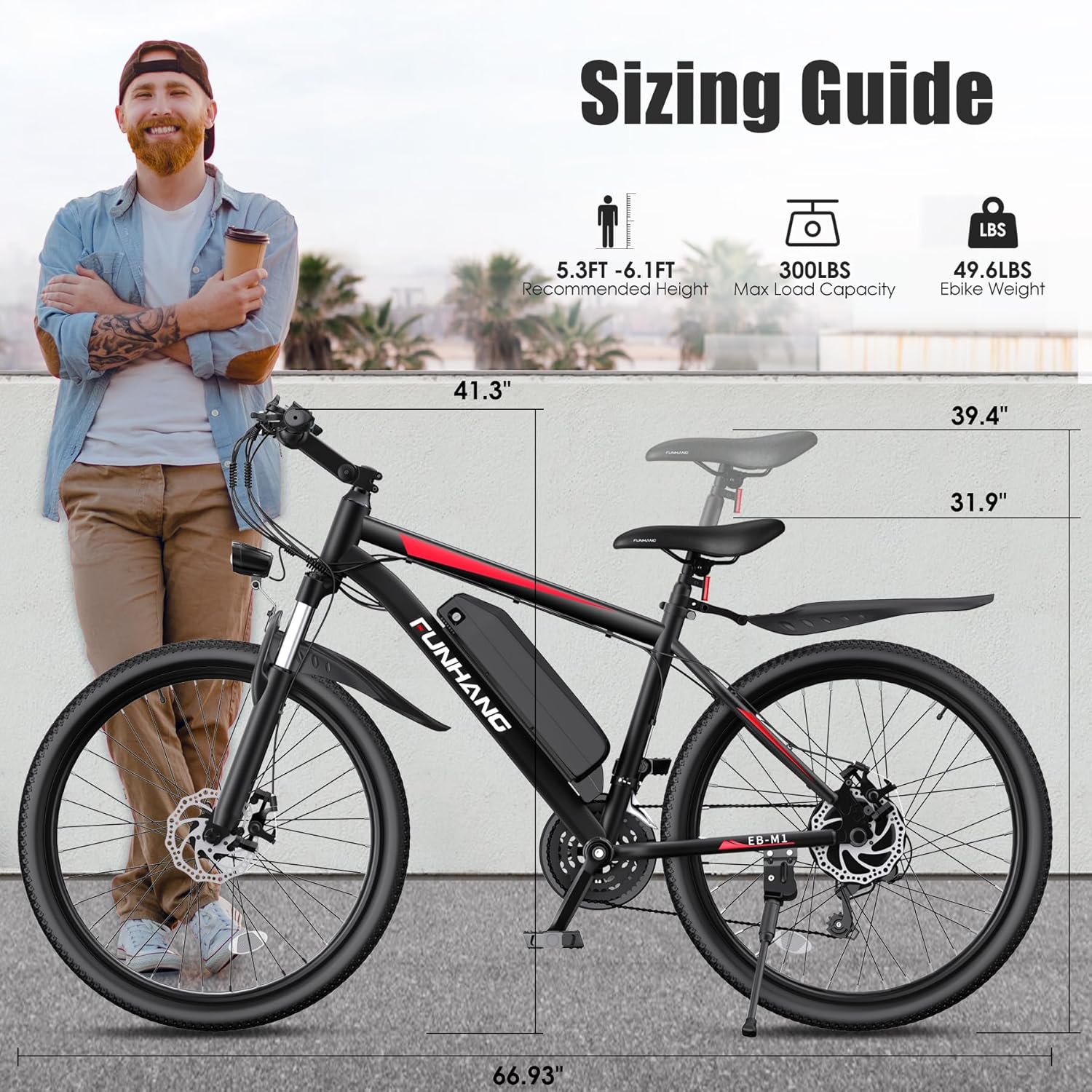 Funhang Electric Bike for Adults, 1000W Peak Ebike, 50Miles 21.7MPH Electric Mountain Bike, 26" Adult Electric Bicycle with 48V Removable Battery, Fenders,7 Speed, Front Suspension, UL 2849 Certified