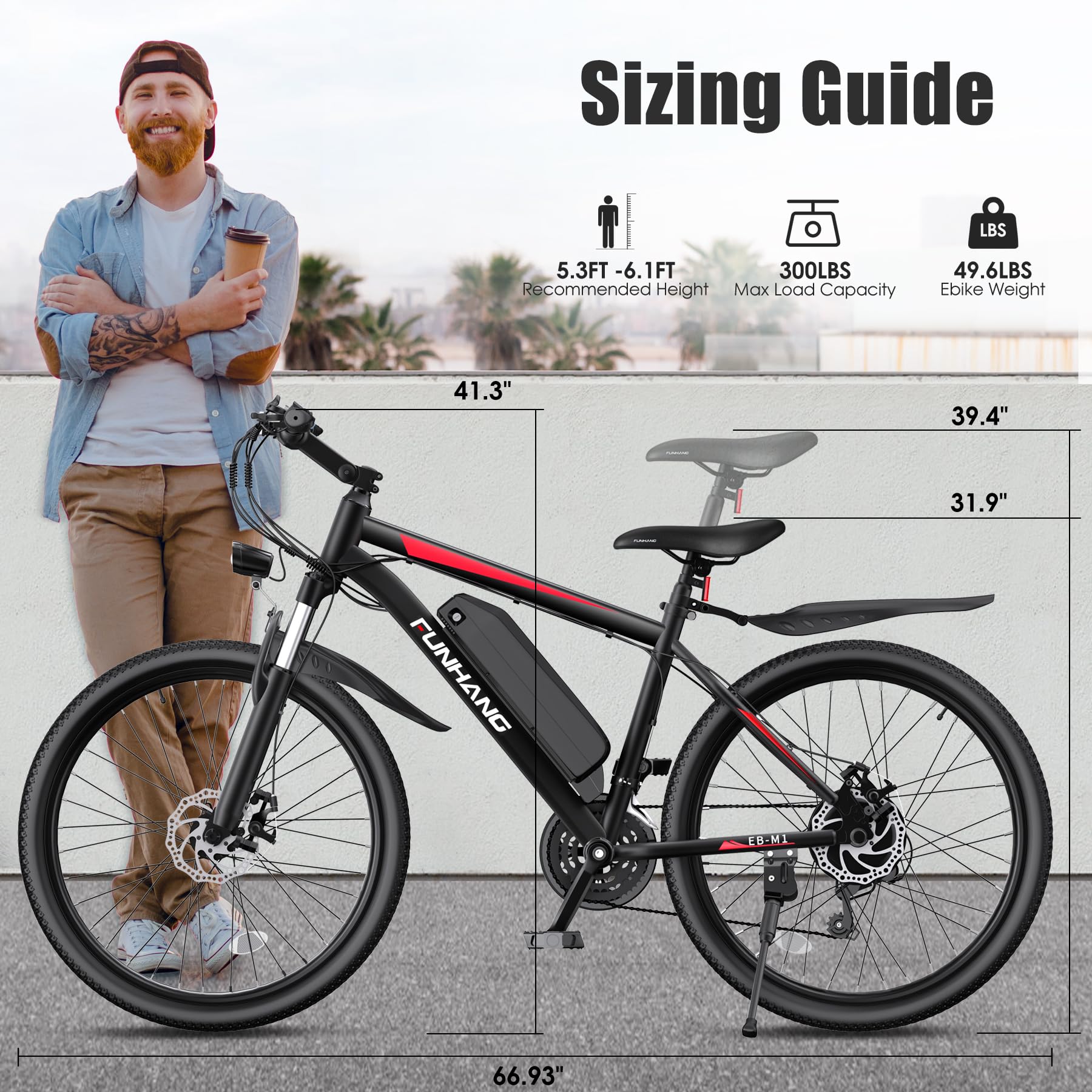 Funhang Electric Bike for Adults, 1000W Peak Ebike, 50Miles 21.7MPH Electric Mountain Bike, 26" Adult Electric Bicycle with 48V Removable Battery, Fenders,7 Speed, Front Suspension, UL 2849 Certified — view 5