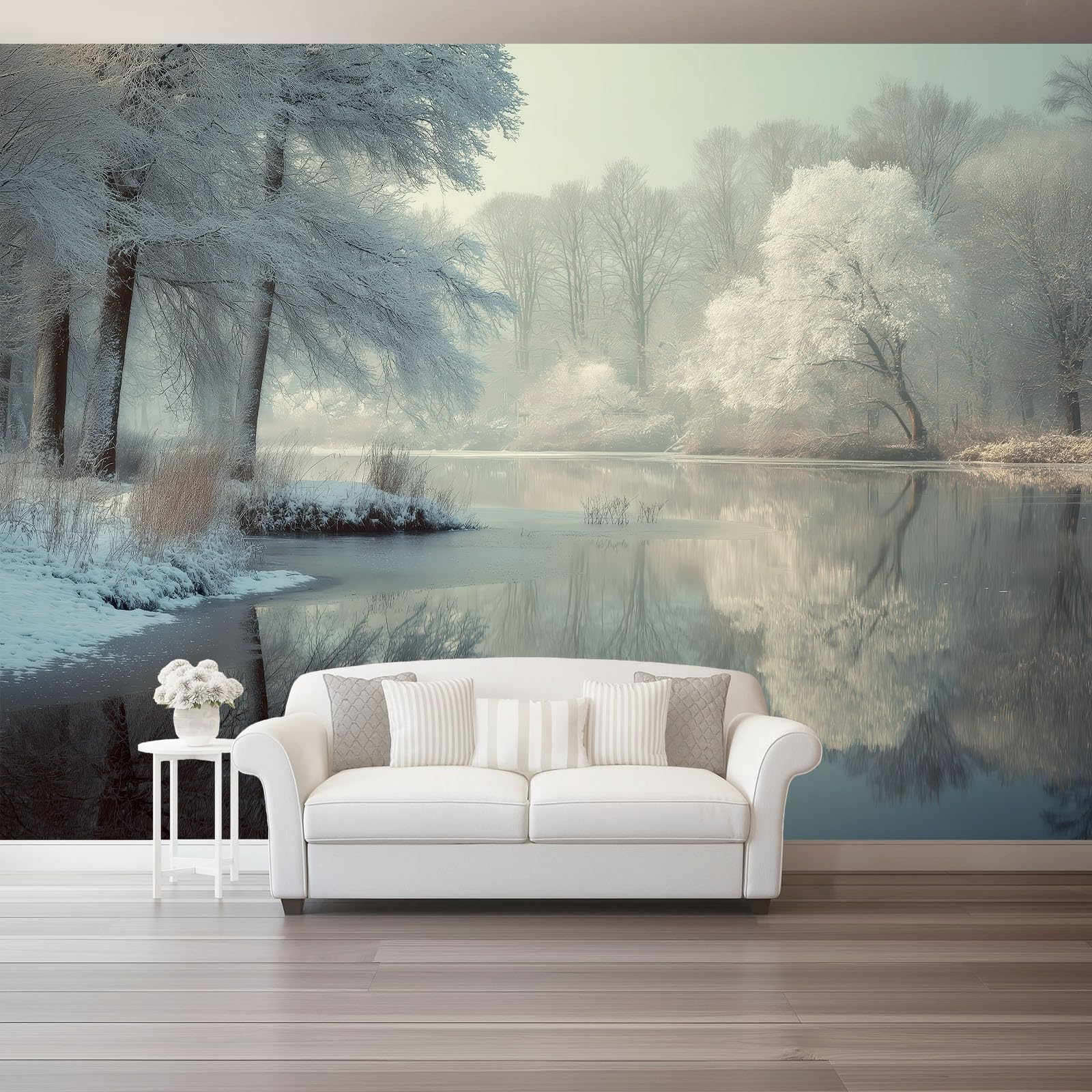 Fototapeta 300 x 210 cm ściany dekoracja salonu wzór natura do sypialni salonu tapeta z włókniny, biały las i mglisty lodowe jezioro
