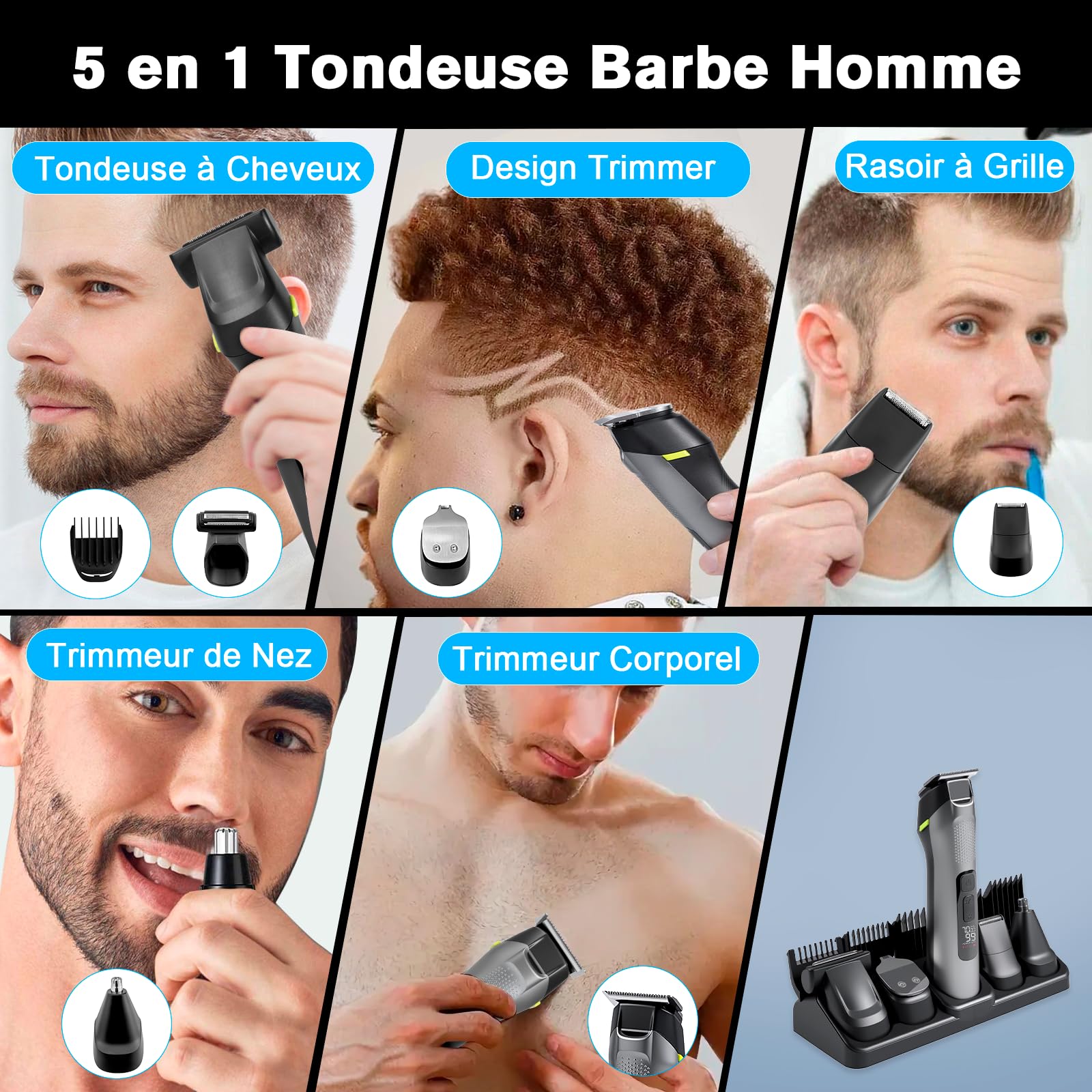 Carehabi Tondeuse Cheveux et Barbe 5 en 1 pour Hommes - Tondeuse Nasale Sans Fil, Multifonction pour Visage, Tête et Corps, Étanche IPX7, Kit de Grooming Homme (Cadeau pour Hommes)