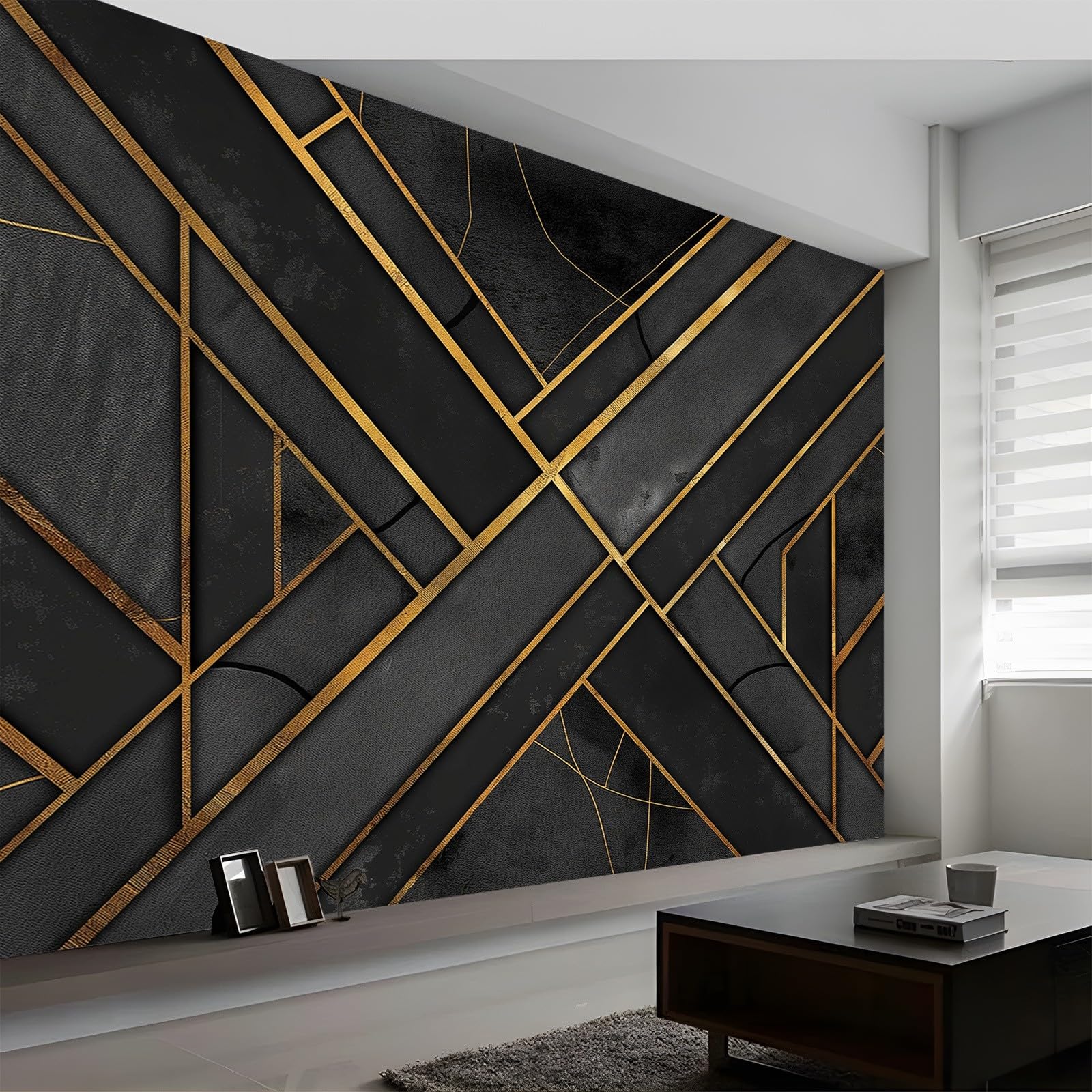 3D Wall Mural Marble Gold Stripes Geometry Print Photo Wallpaper, Black Non-Woven Wall Mural Decoration Poster Picture Design Modern 250 x 175 cm (W x H) Mural for Living Room Kids Bedroom