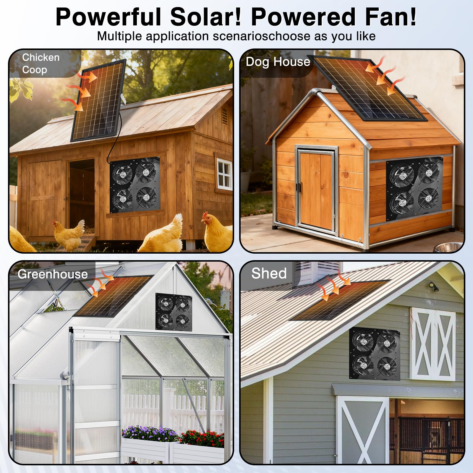 Ventilador de escape solar, ventilador solar de 25 W para gallinero, cobertizo, invernadero y ático, refrigeración de ventilación, fácil instalación, 3500 RPM, cable de 18 pies, kit de 4 ventiladores