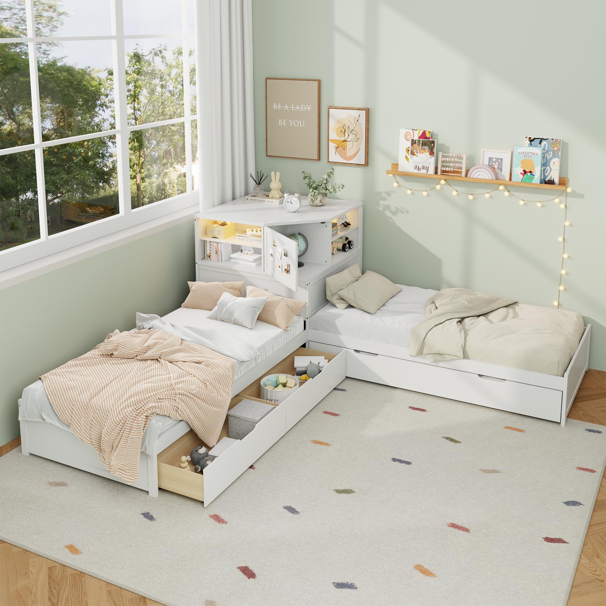 SOFTSEA L-Shaped Twin Size Bed with Trundle and Storage Drawers, 3 in 1 Low Corner Platform Bed Frame with Desk and Shelves for 3 Kids, Wood L-Shaped Bed with Bookcase, Easy Assembly, White