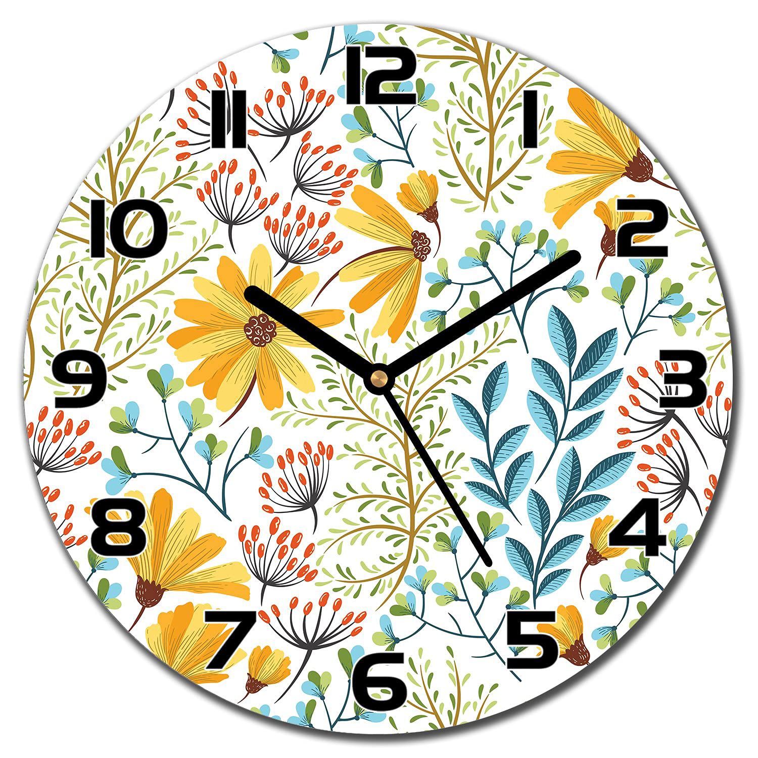 Horloge en verre murale 30 cm vintage floral pour cuisine et salon