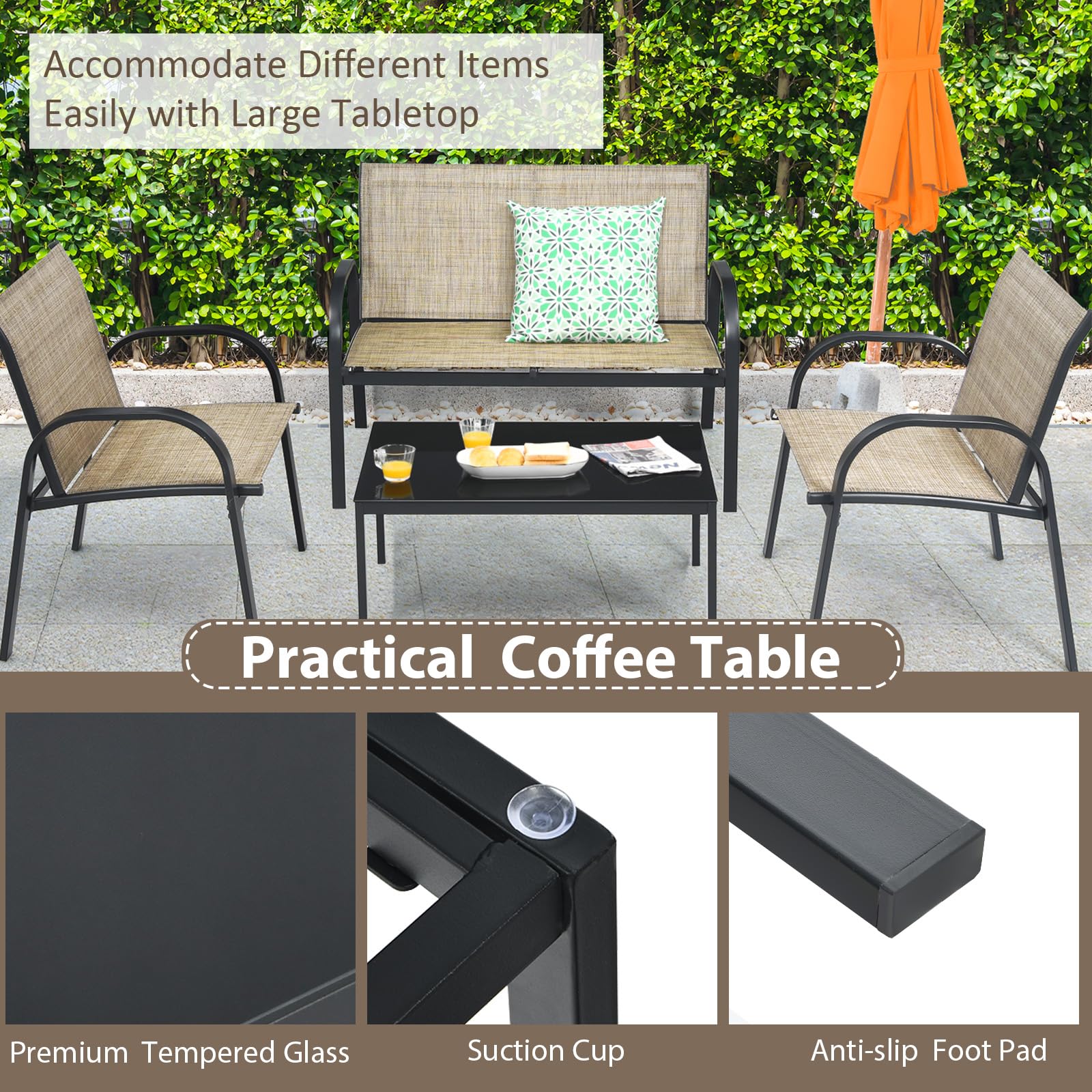 KOMFOTTEU Ensemble de Salon de Jardin 4 Pièces pour 4 Personnes, Mobilier d’Extérieur avec 2 Chaises, 1 Canapé et 1 Table Basse, Meubles de Terrasse pour Cour, Patio, Balcon (Marron)