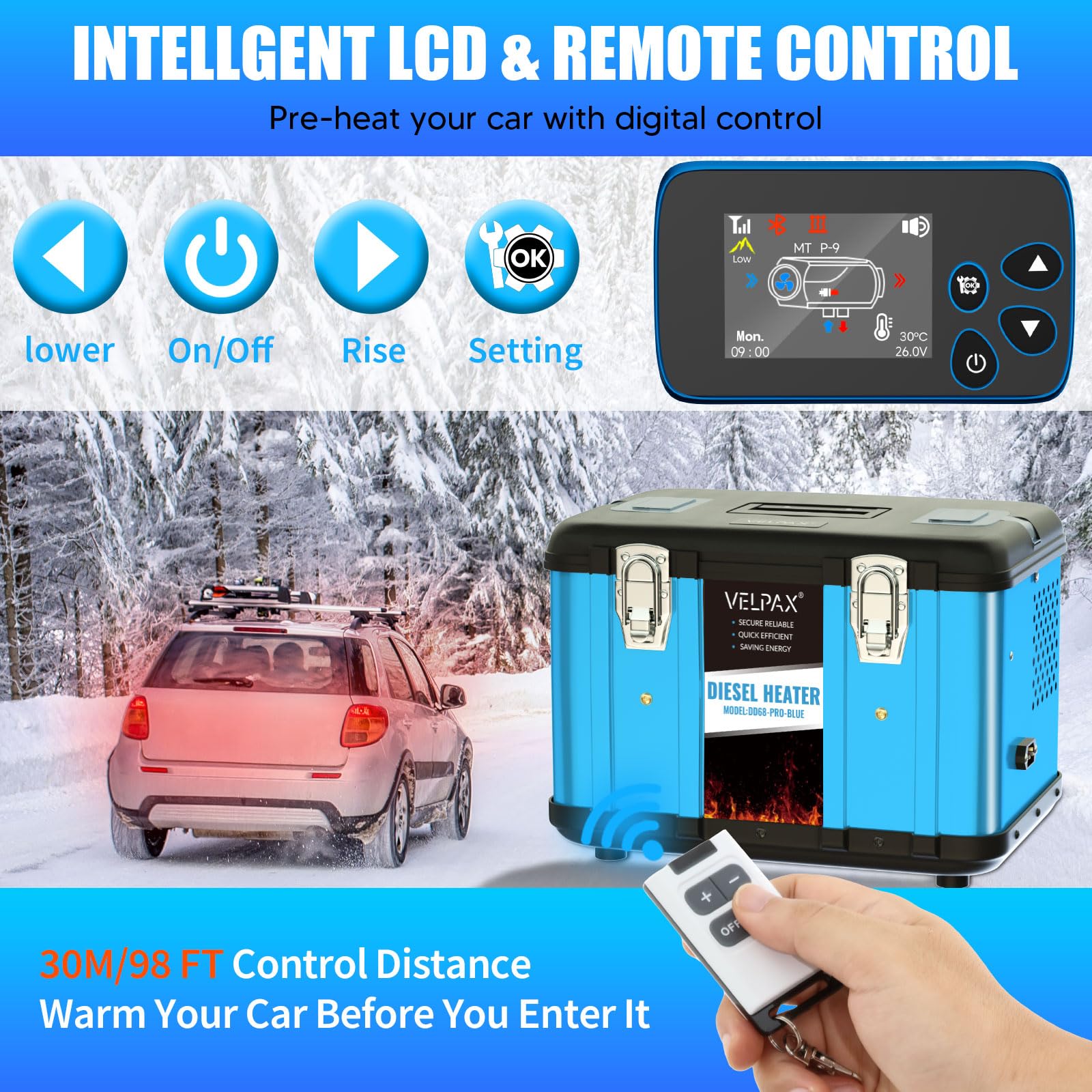 VELPAX Calentador Diésel Portátil Todo en Uno 12 V 24V 220V 8KW,Bluetooth App Calentador de Aire Diesel 0,16-0,52 L/h LCD de Control Remoto,Adecuado para Autocaravanas,Coches,Camiones,Autobuses