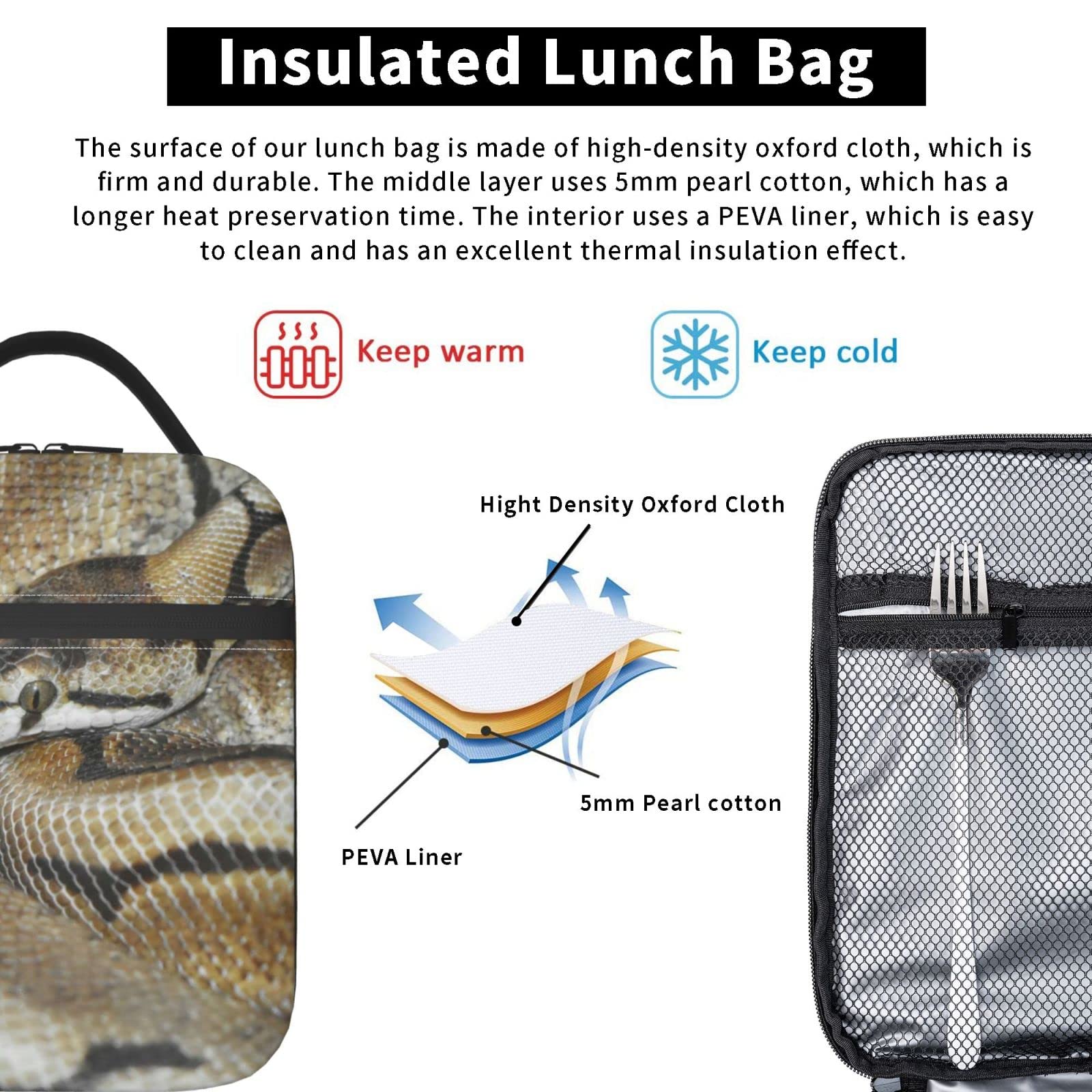 Amazon | ヘビ爬虫類動物動物学ランチバッグ ハンドバッグ 食品トート 