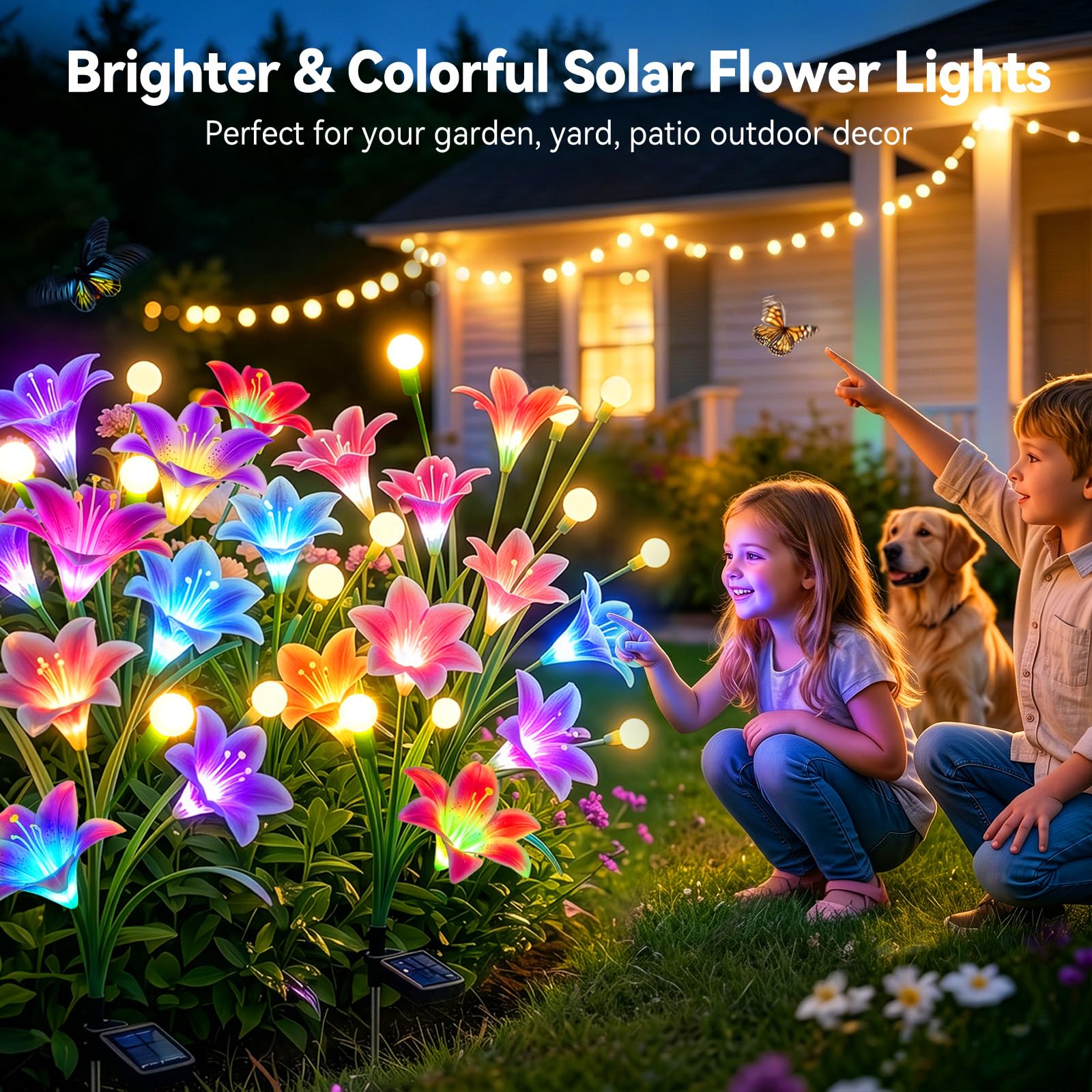BUCASA Firefly Solarlampen für Außen Garten, 4 Stück 36LED Hell Solarleuchten für Außen mit Warmweiß Glühwürmchen und Farbig Lilien Blumen, Upgraded Swinging Solar Gartenleuchten für Wege Höf Balkon