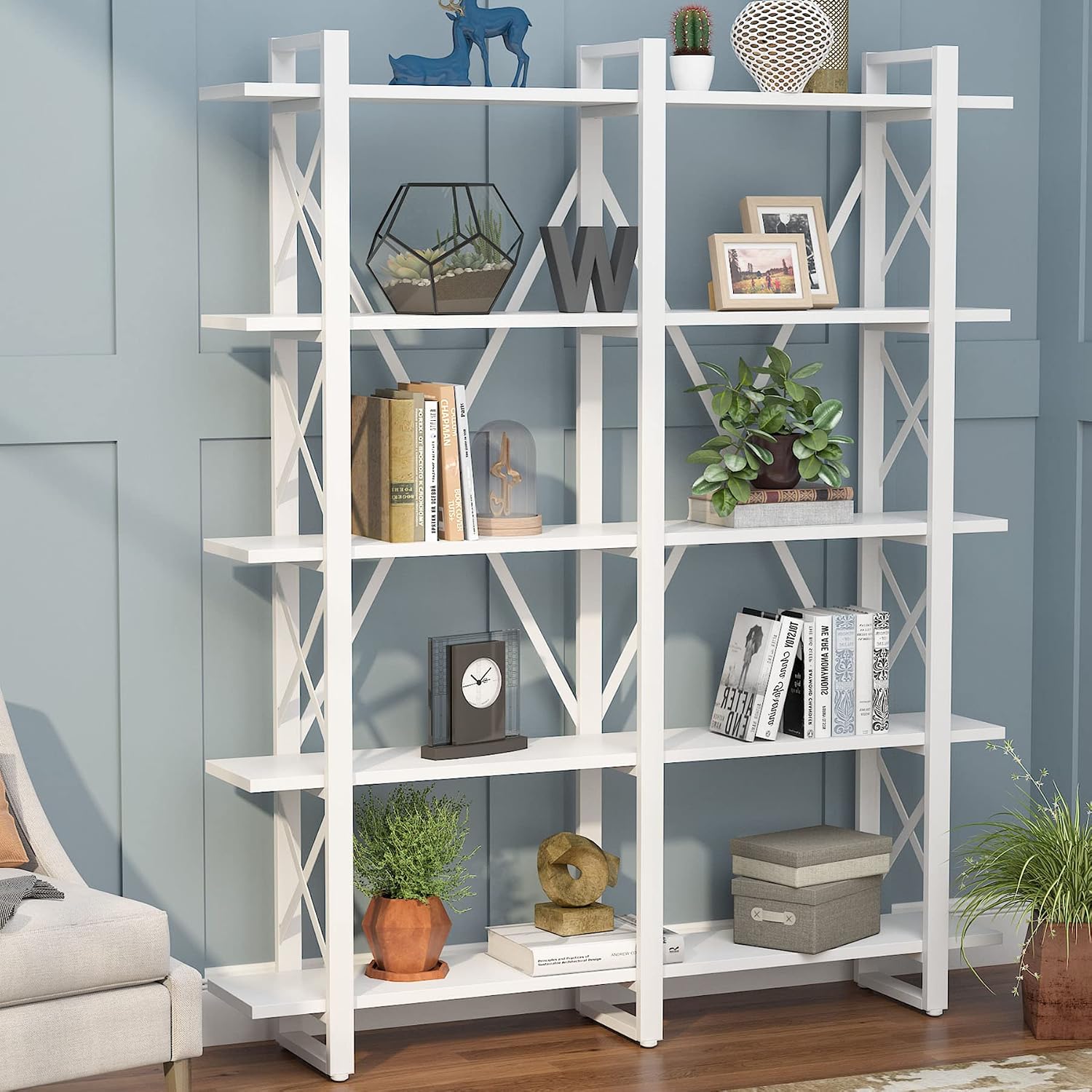 Tribesigns Double Wide 5-Shelf Bookcase, Etagere Large Open Bookshelf Rustic Industrial Style Shelves Wood and Metal bookcases Furniture for Home & Office (White)