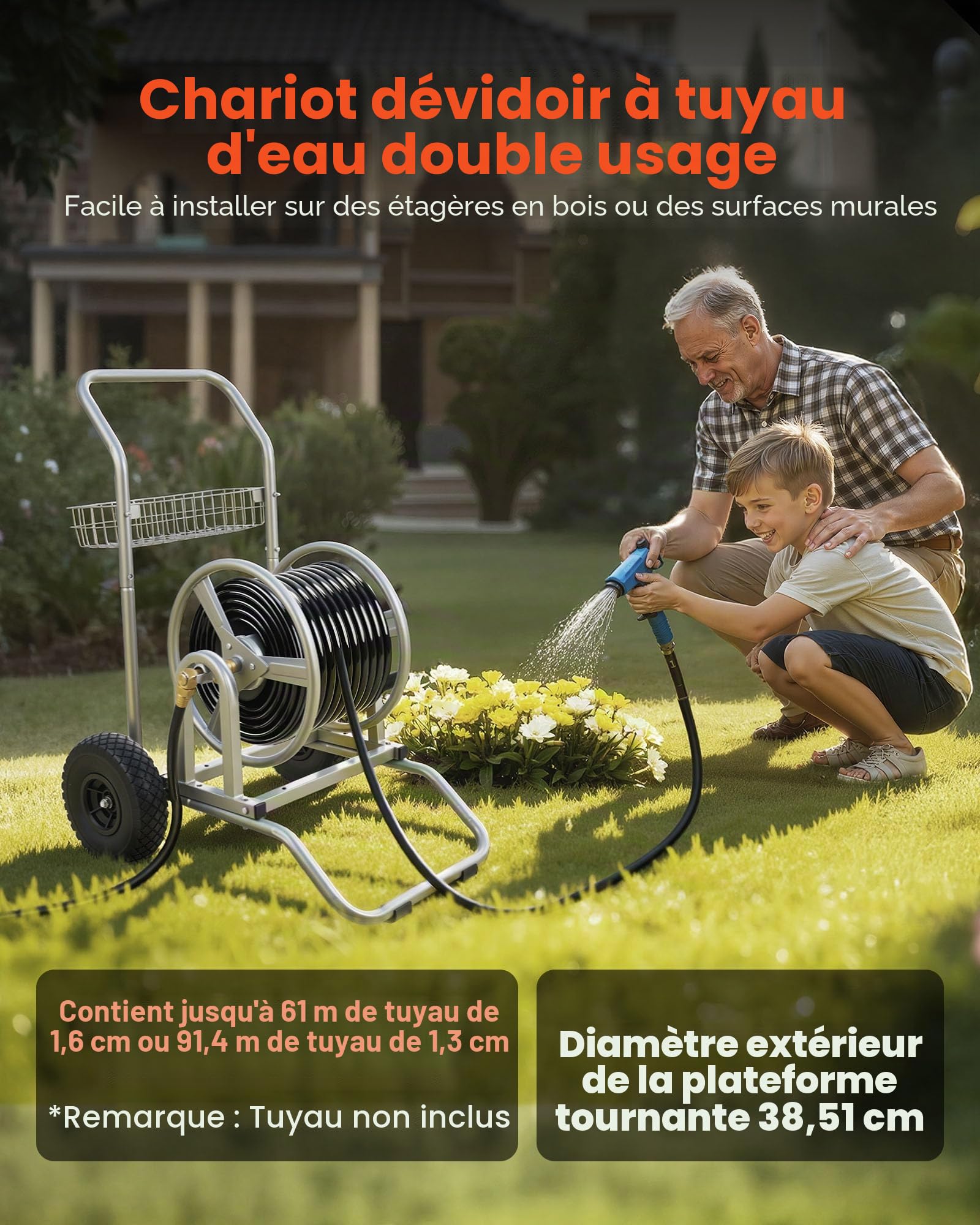 VEVOR Chariot Enrouleur de Tuyau Arrosage 6096 cm 9144 cm Dévidoir de Tuyau Arrosage sur 2 Roues pour Arroser Le Jardin et Lavage de Voiture, Déplacement Fluide, avec Poignée et Panier de Rangement