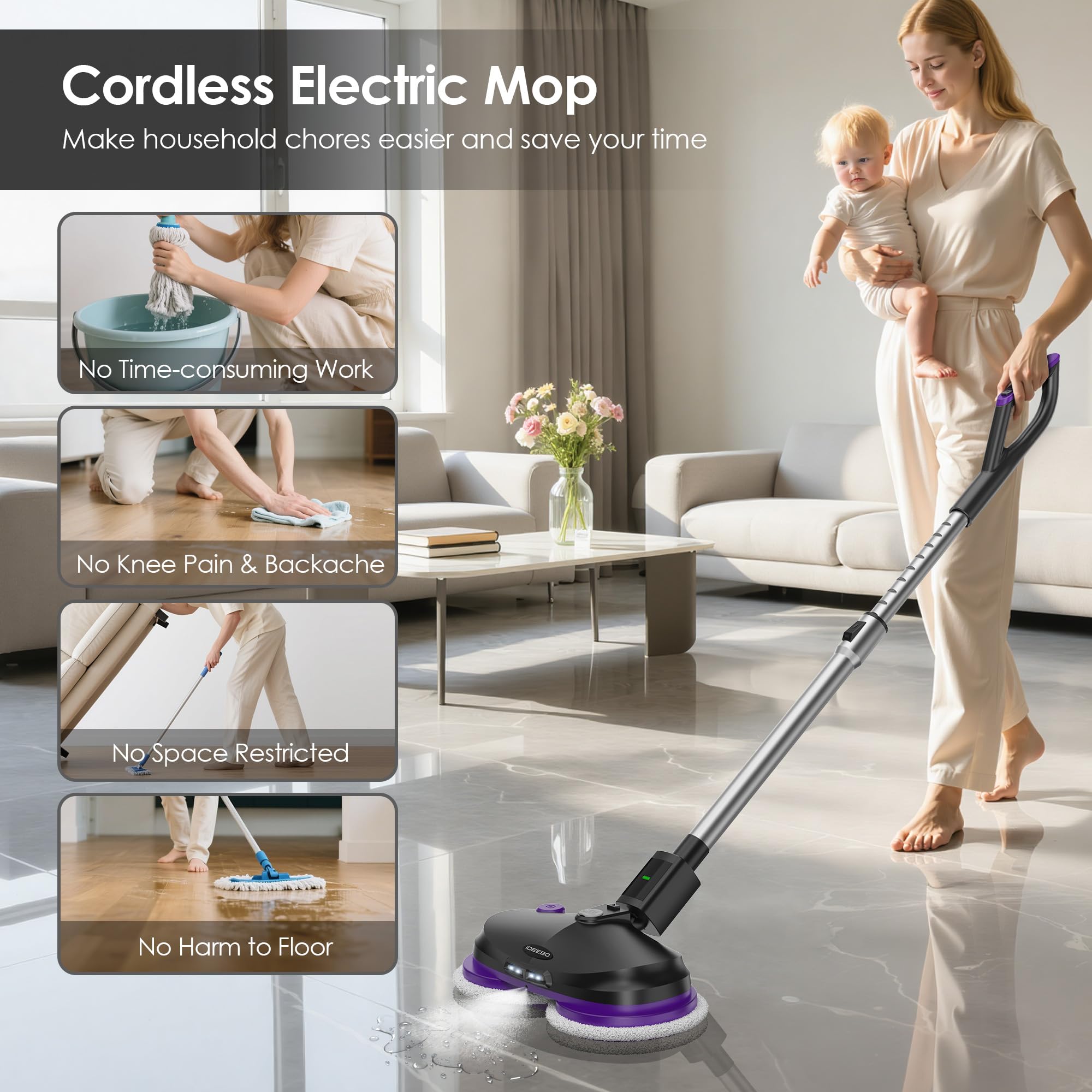 Mocio elettrico senza fili, con funzione spray, illuminazione a LED, serbatoio dell'acqua da 300 ml, lavapavimenti elettrico per lavare, strofinare e lucidare