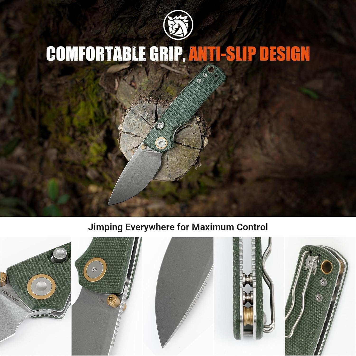 Vosteed Porcupine EDC Pocket Knife - 2.99" 14C28N Stonewash Blade - Top Liner Lock, Green Micarta Handle - Hunting, Fishing Knives - A2611