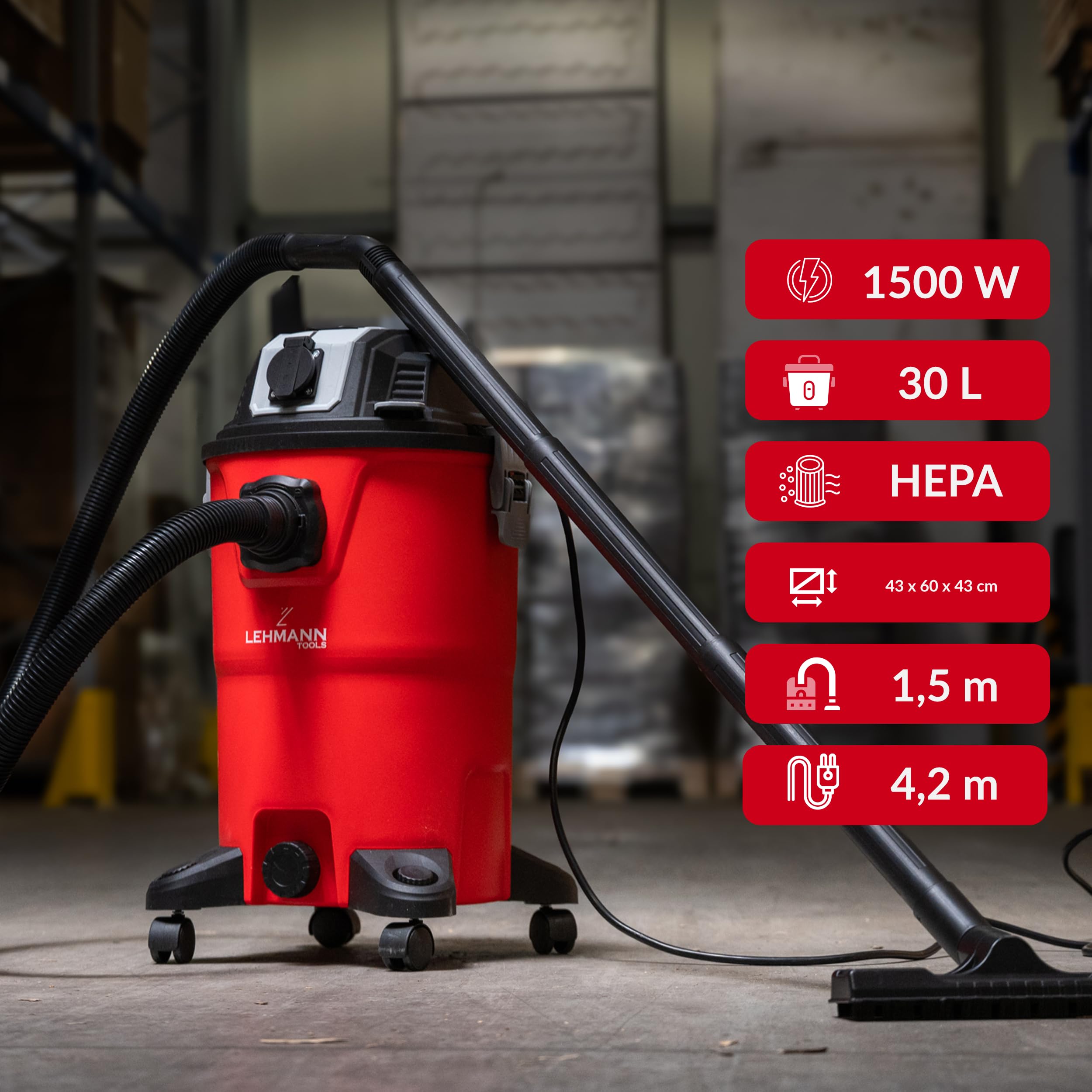 LEHMANN Industriestaubsauger mit Steckdose 2000 W, 30 L Nass Trockensauger ohne Beutel, HEPA-Filter, Schaumfilter & Filterrüttler, Blasfunktion, Werkstattsauger für Werkstatt und Baustelle, Rot