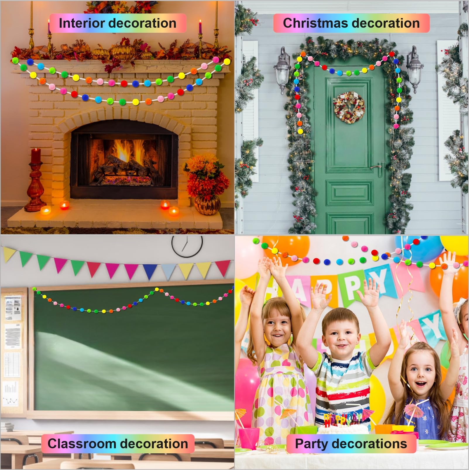 Eunika Paquete de 4 guirnaldas de pompones coloridos de lana de 33 pies, 120 bolas de fieltro arcoíris, guirnalda colgante para Halloween, árbol de Navidad, aula, cumpleaños, hogar, pared, fiesta de